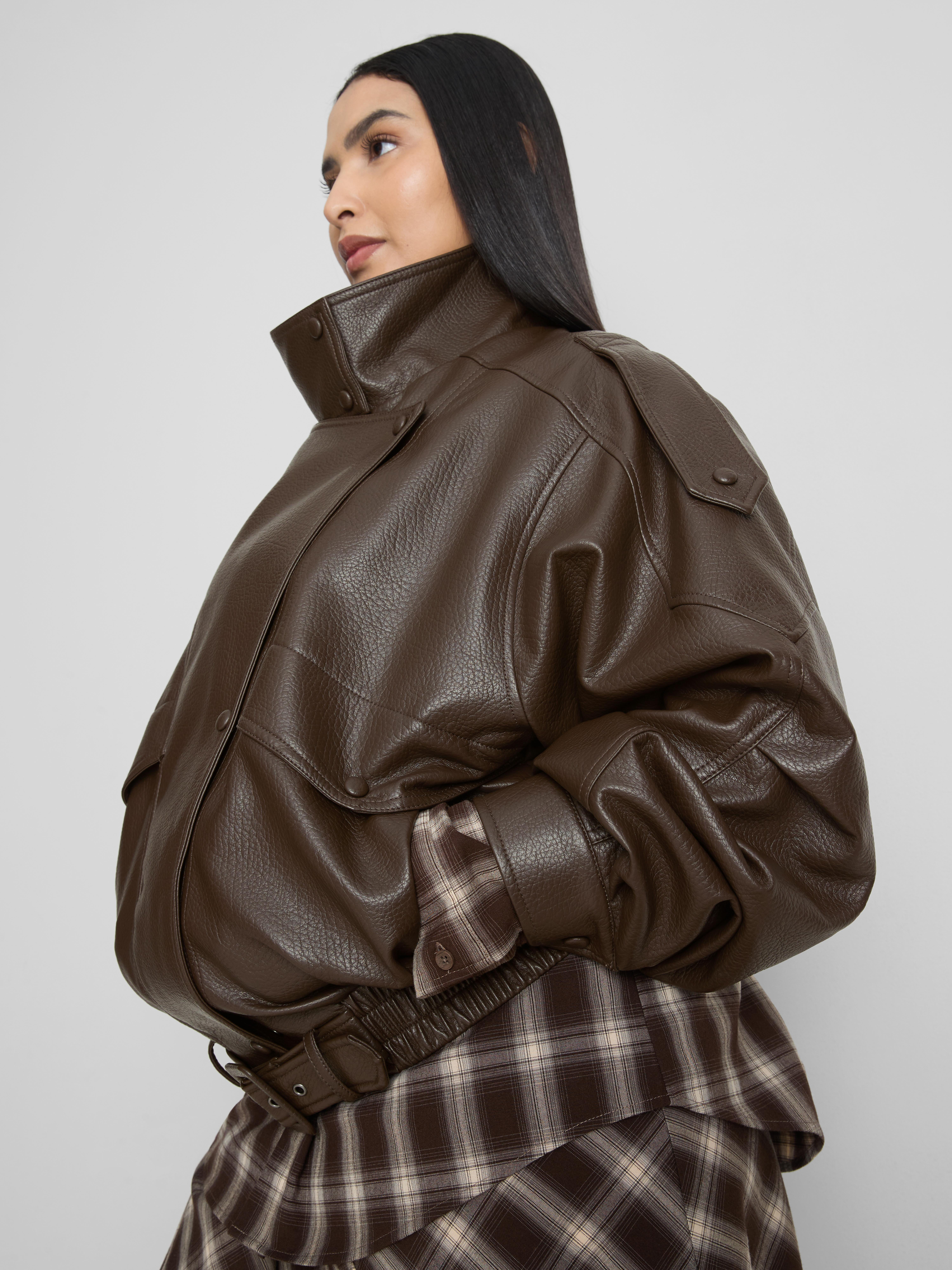 By Coleen Faux Leather Funnel Jacket