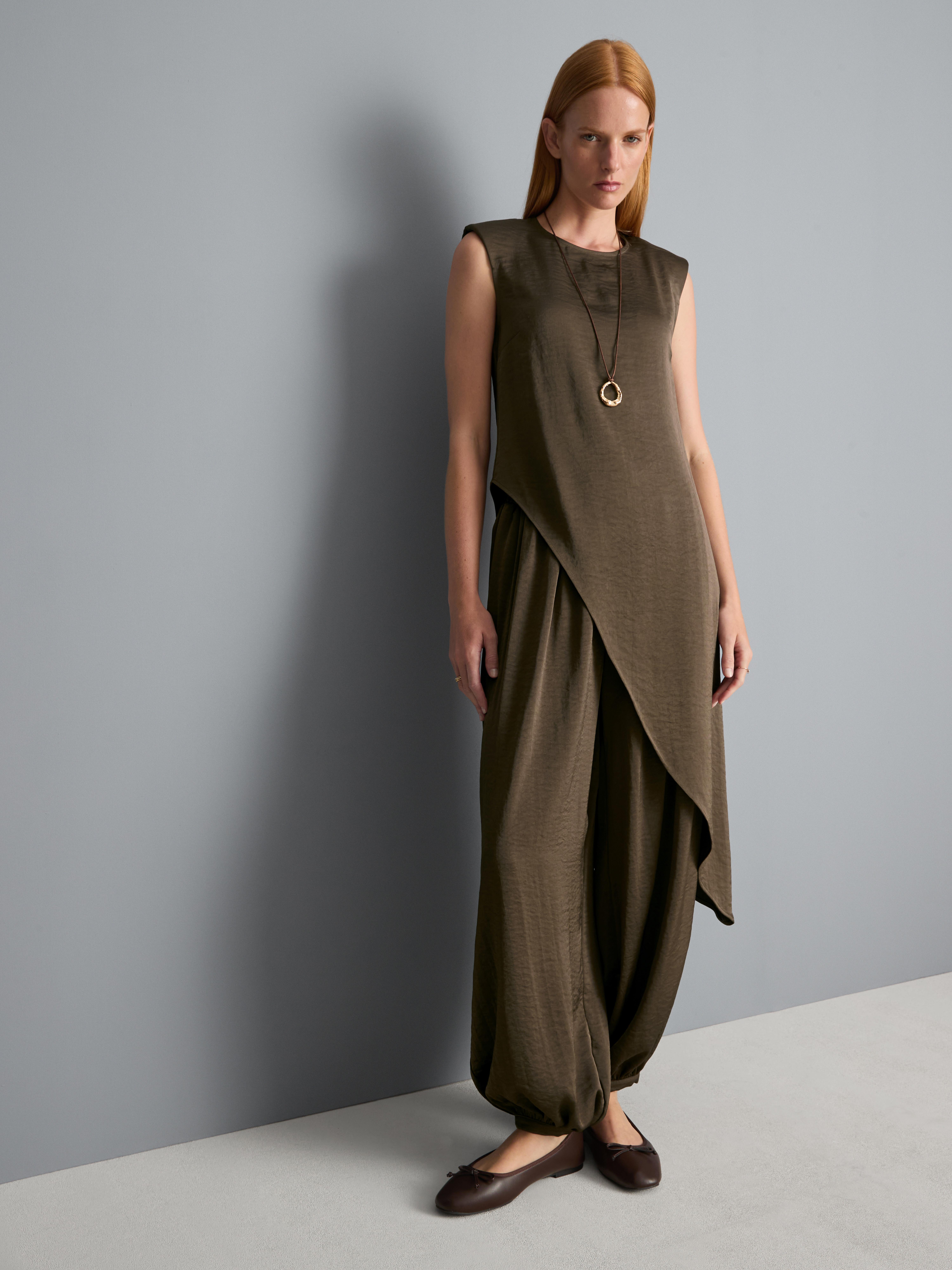 Textured Satin Asymmetric Shoulder Pad Top