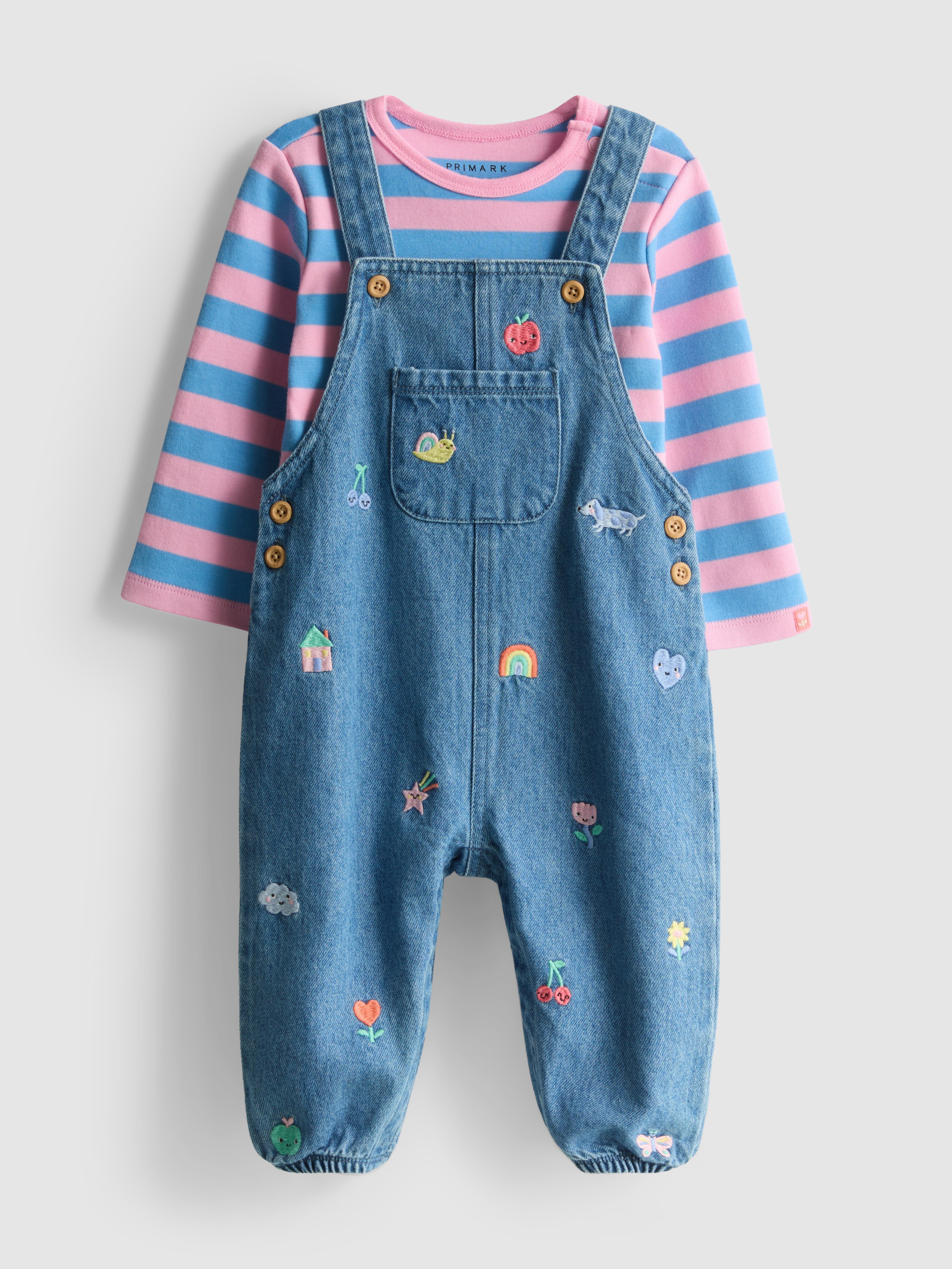0-18mths | Onesie and Fruit Embroidered Denim Overalls Newborn Set