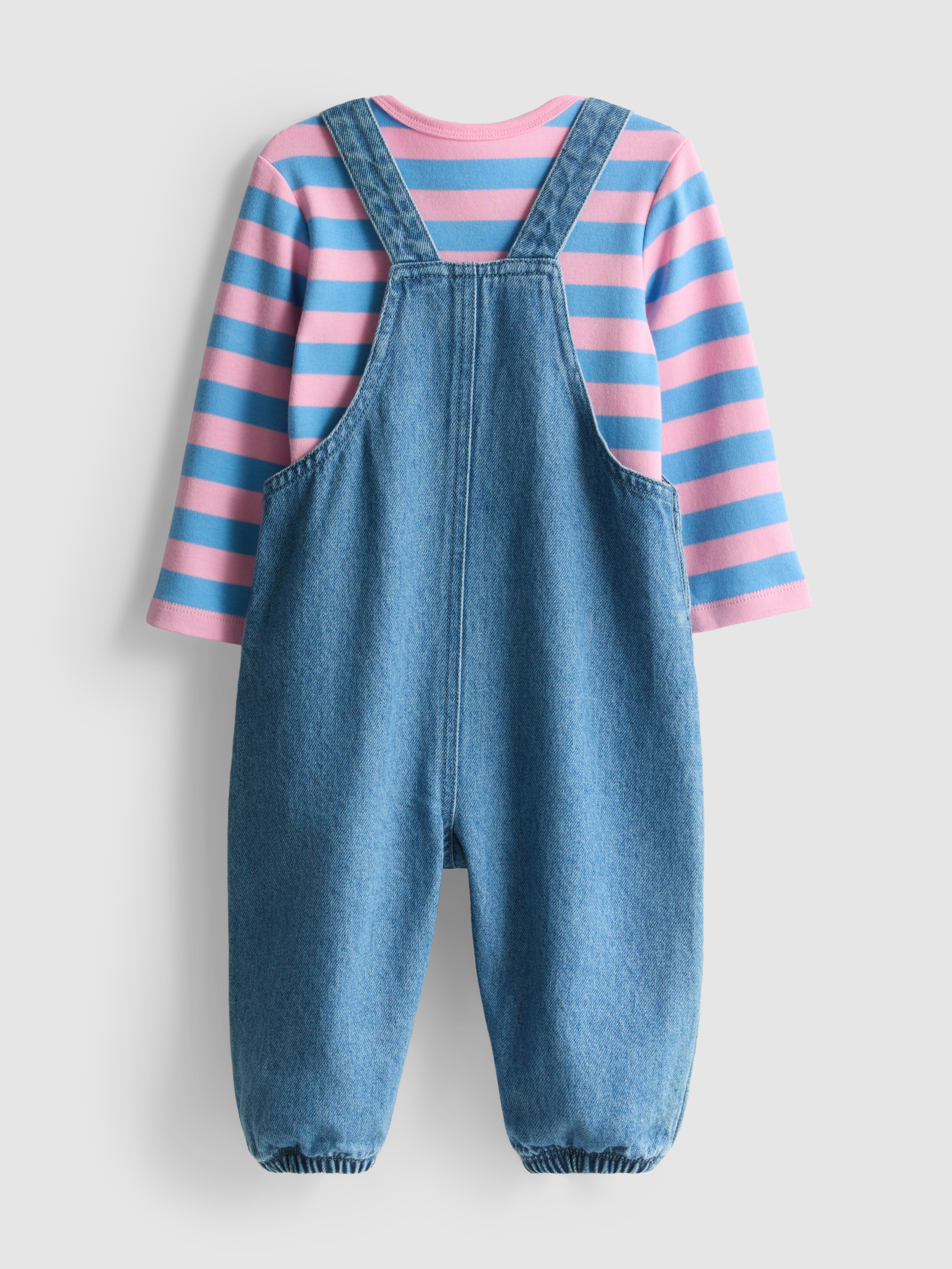 0-18mths | Onesie and Fruit Embroidered Denim Overalls Newborn Set