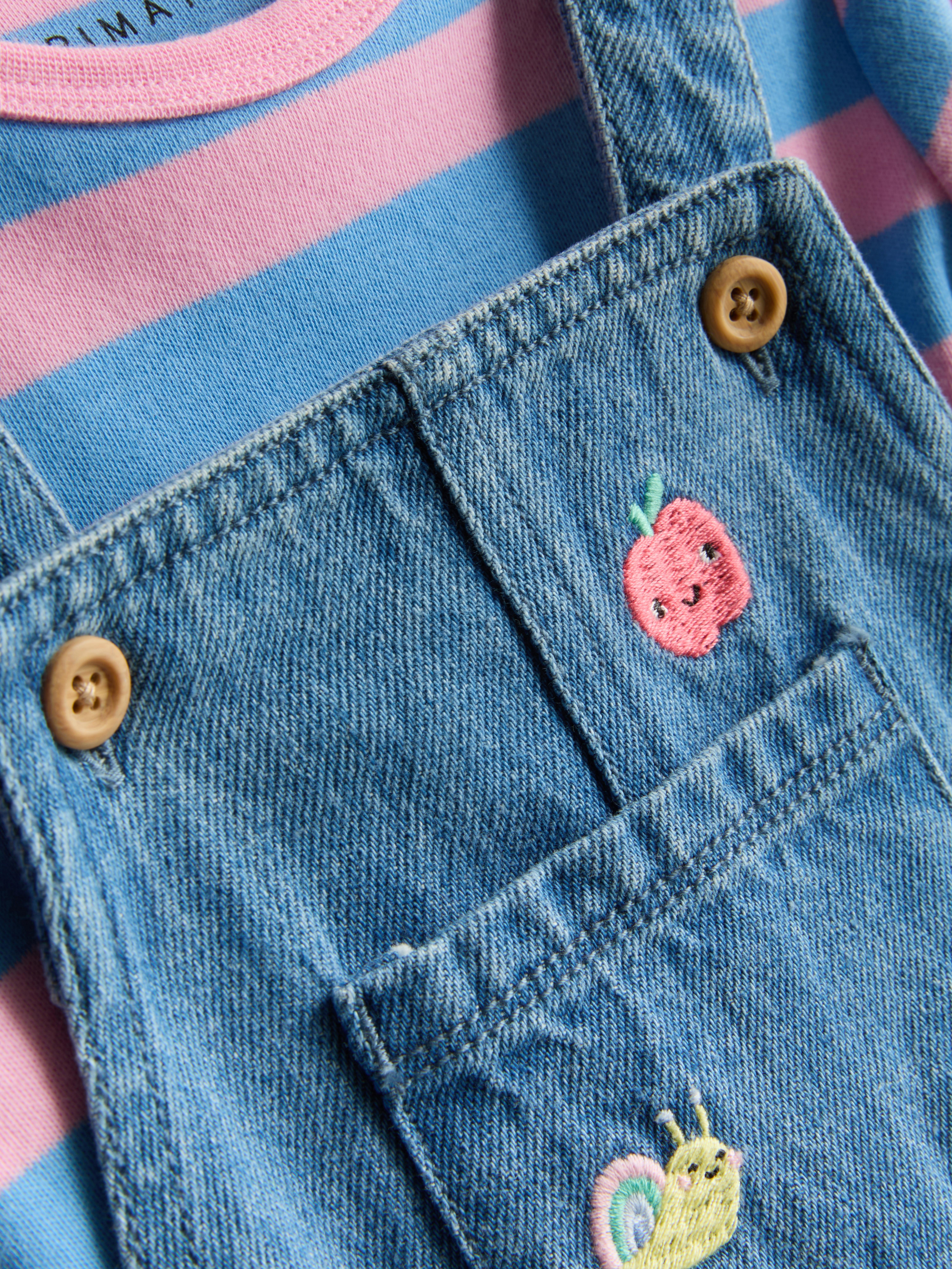 0-18mths | Onesie and Fruit Embroidered Denim Overalls Newborn Set