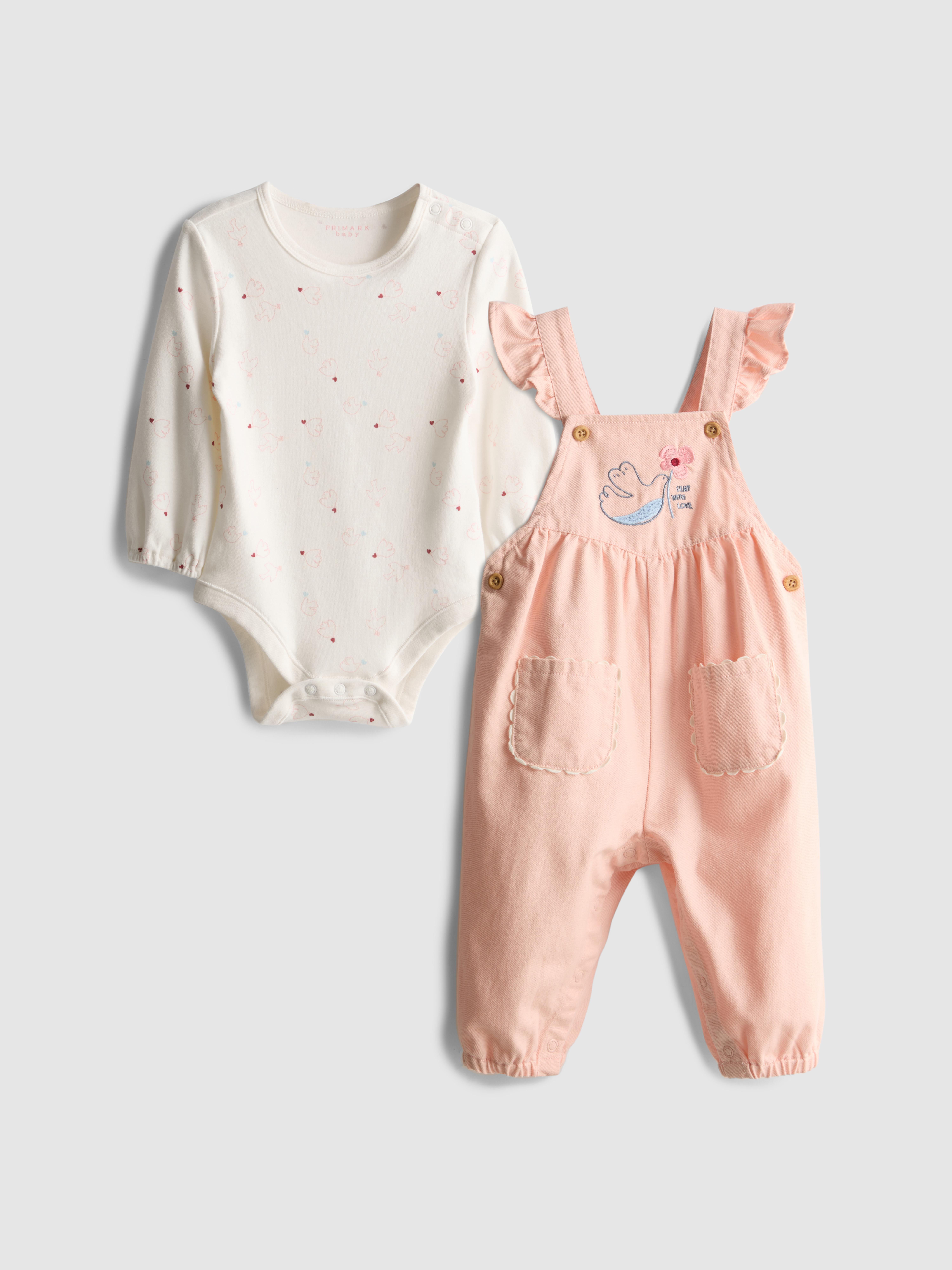 0-18mths | Pure Cotton Onesie and Denim Overalls Newborn Set