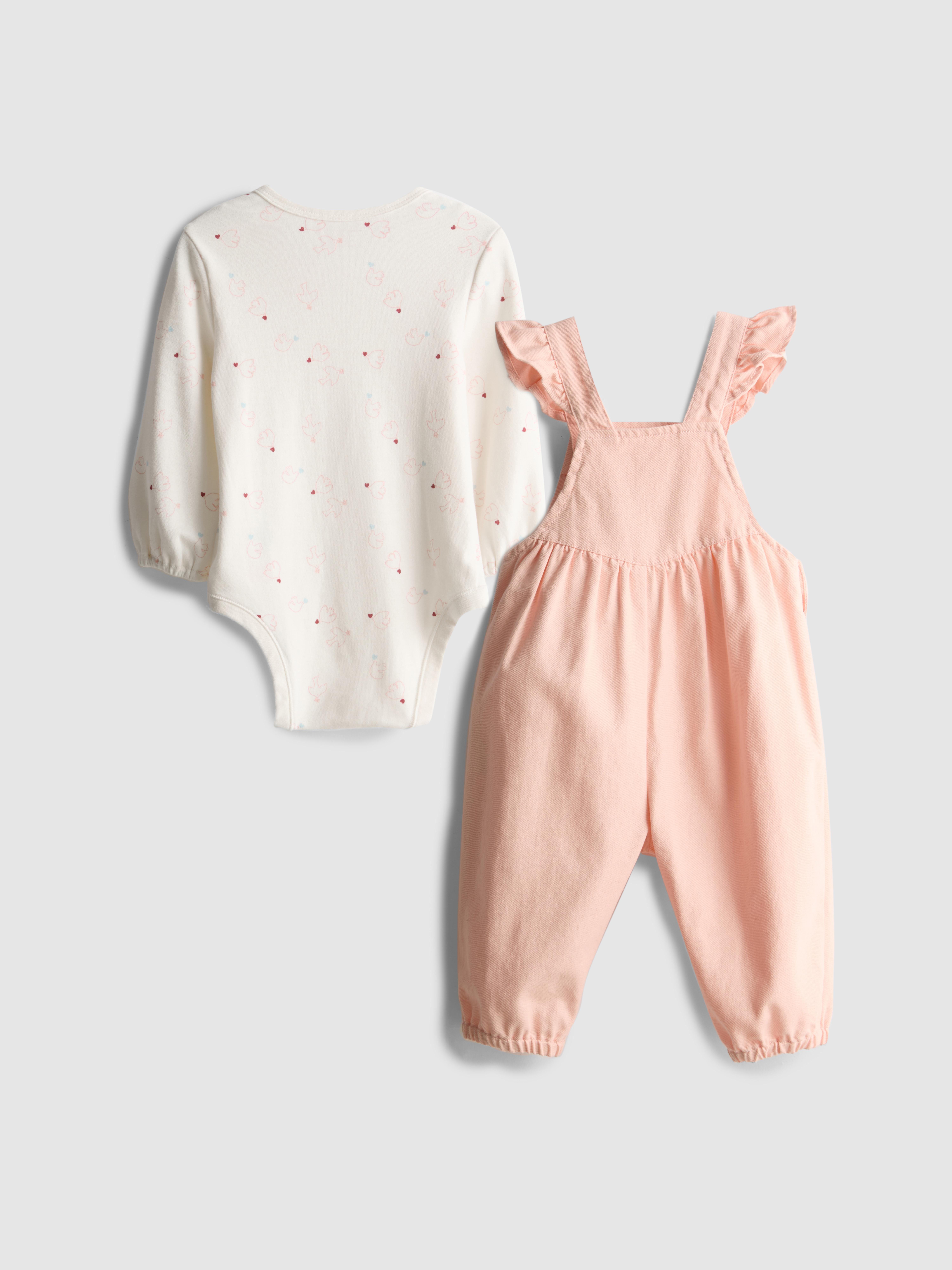 0-18mths | Pure Cotton Onesie and Denim Overalls Newborn Set