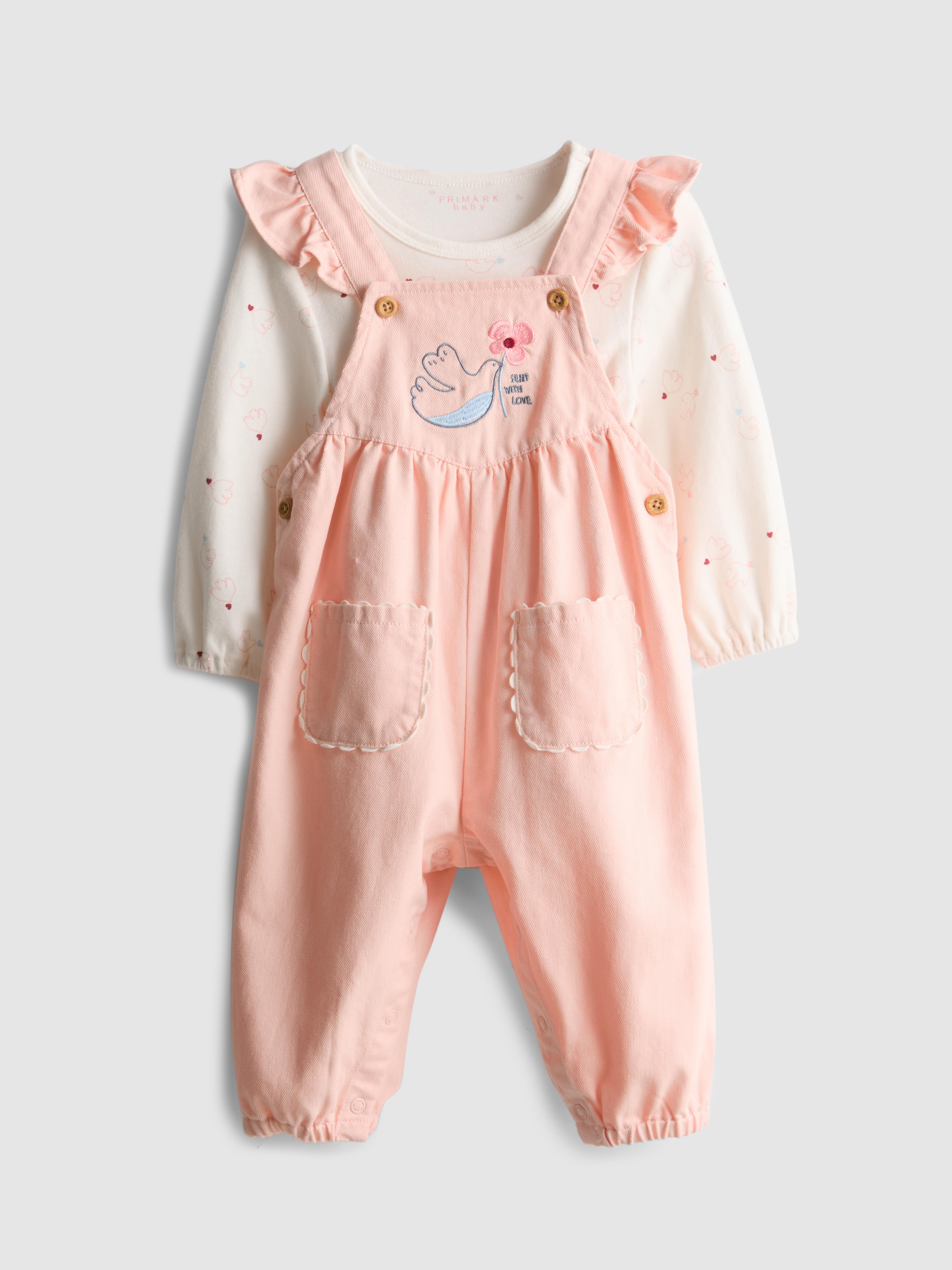 0-18mths | Pure Cotton Onesie and Denim Overalls Newborn Set