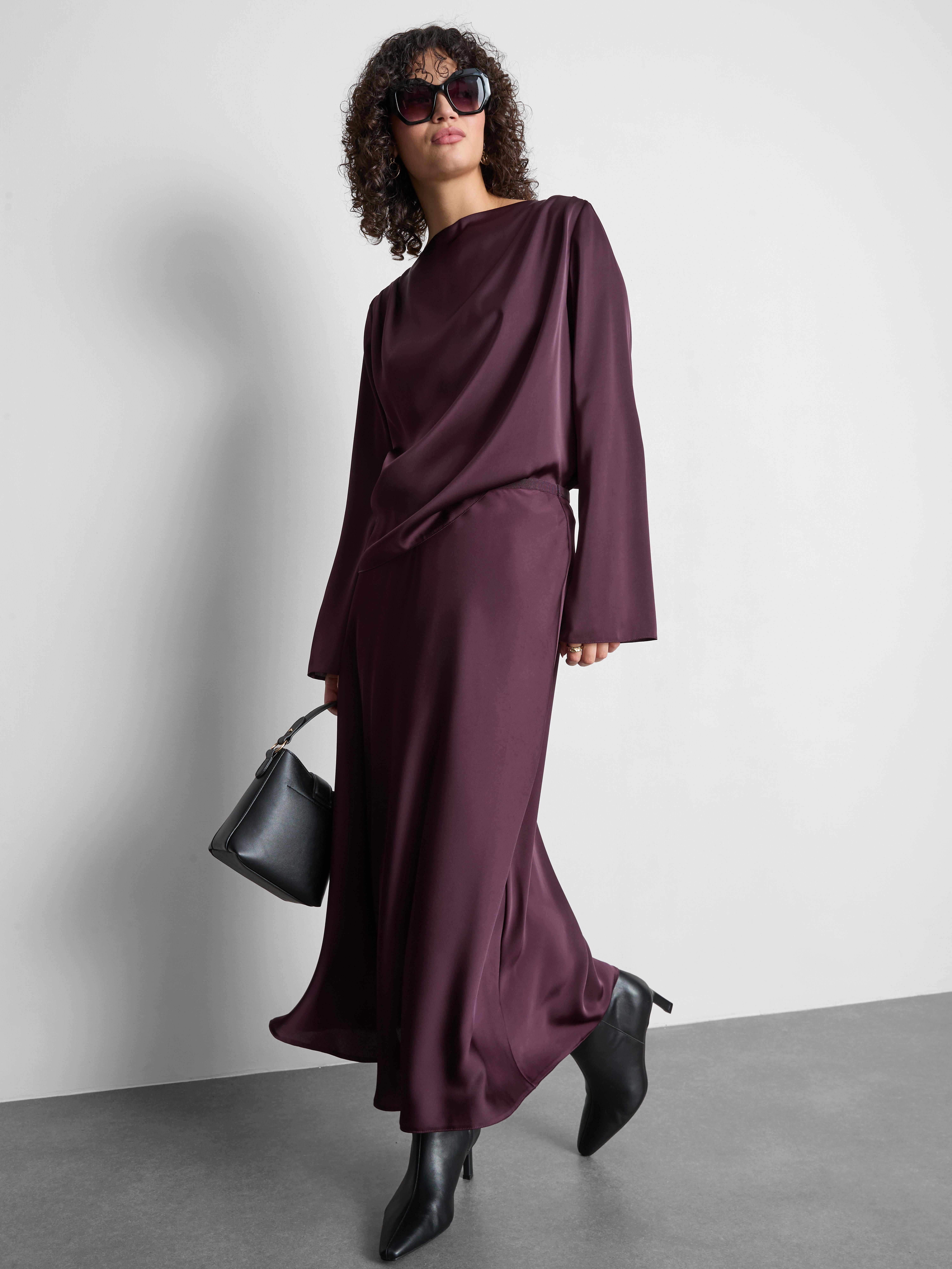 Cowl Neck Draped Satin Blouse Plum