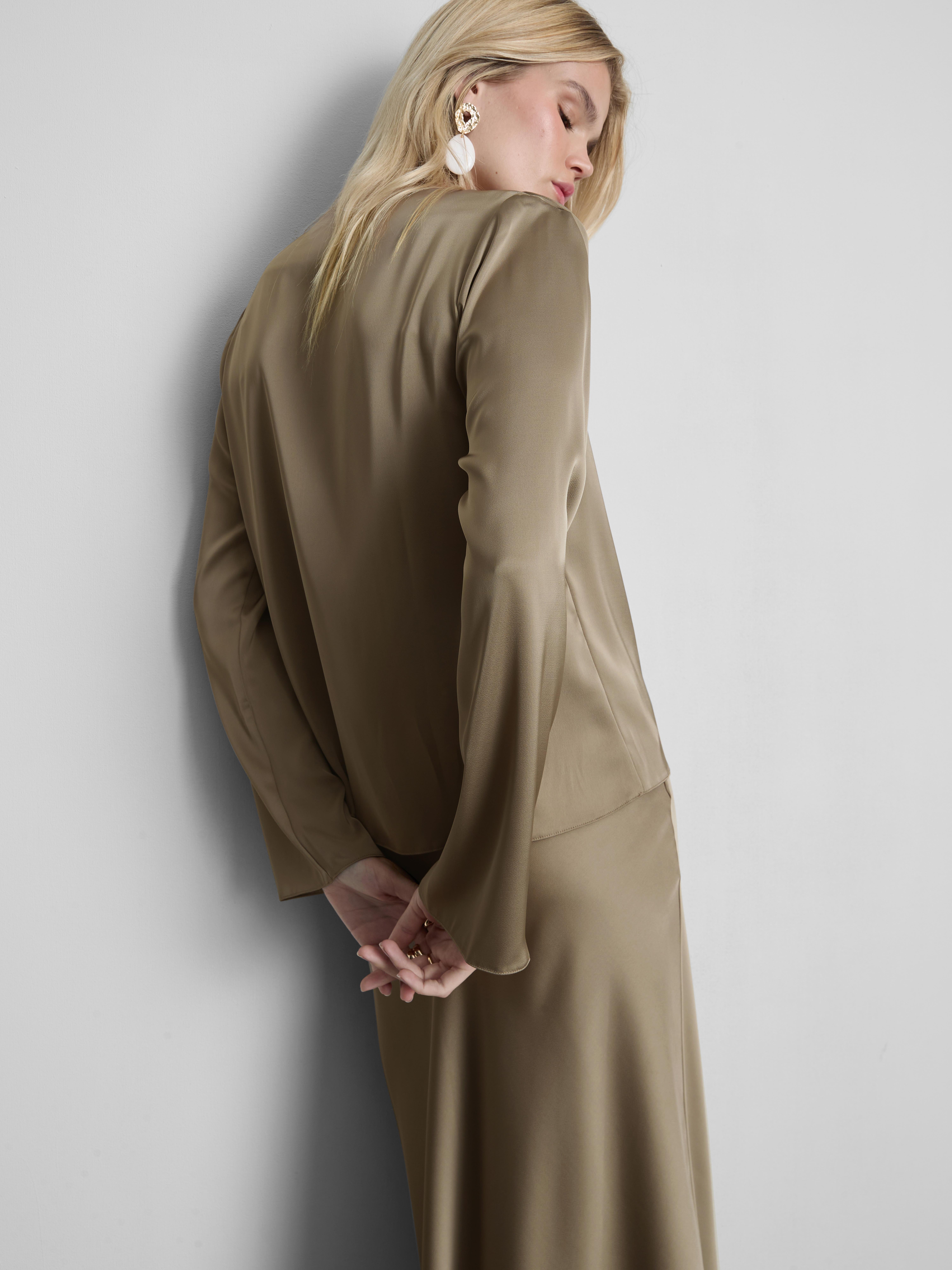 Cowl Neck Draped Satin Blouse
