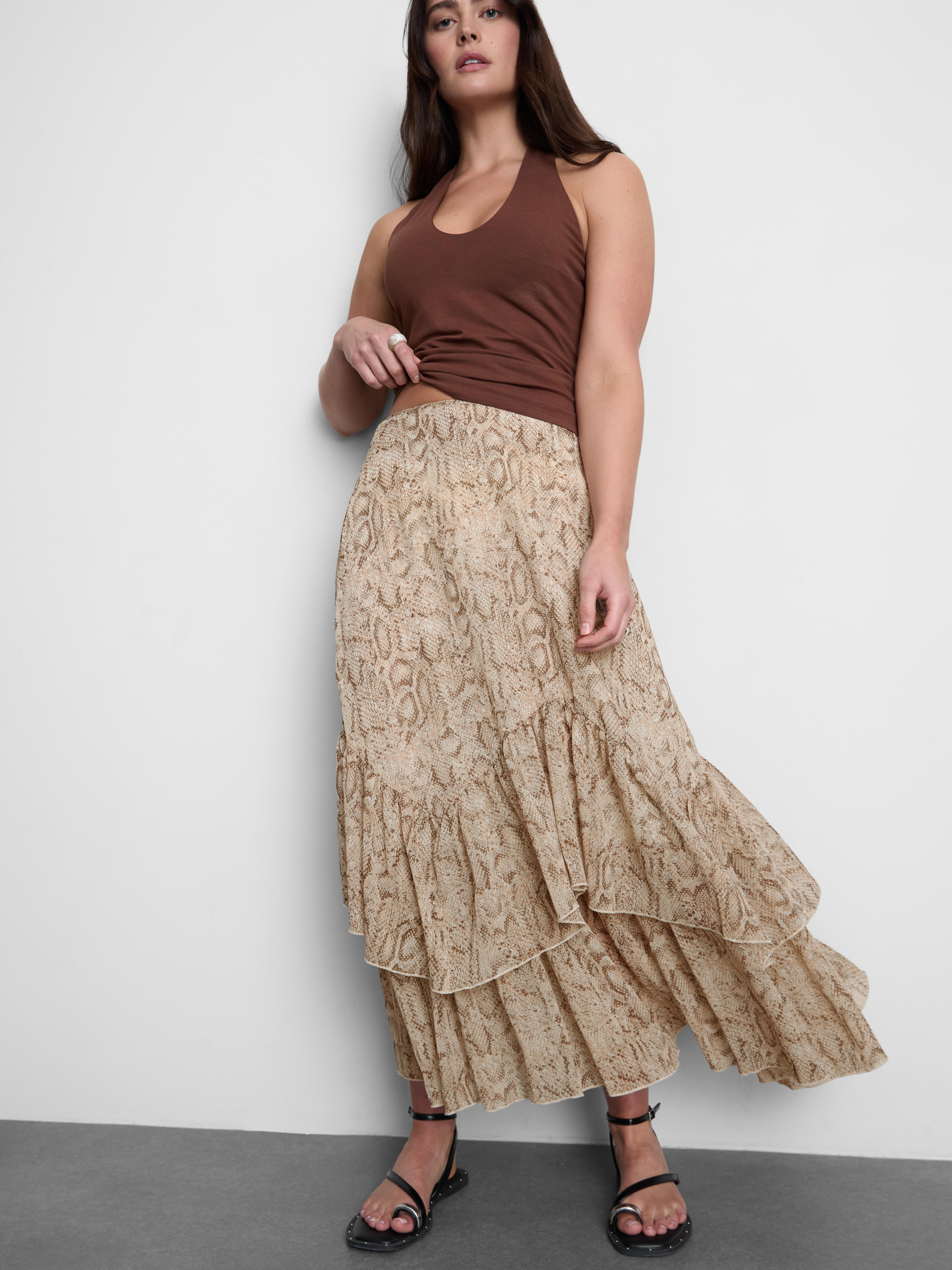 Ruffle Chiffon Printed Maxi Skirt
