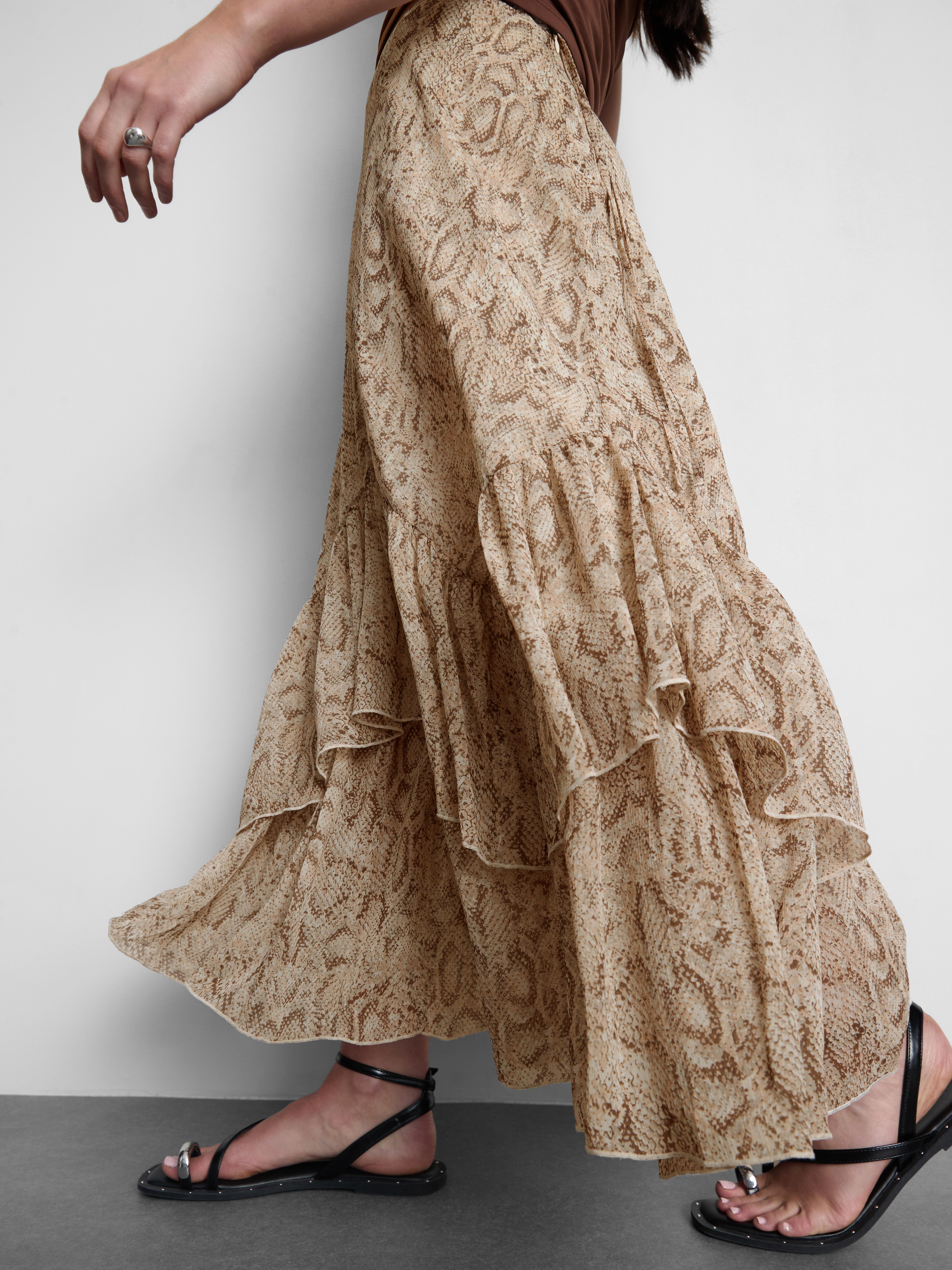 Ruffle Chiffon Printed Maxi Skirt