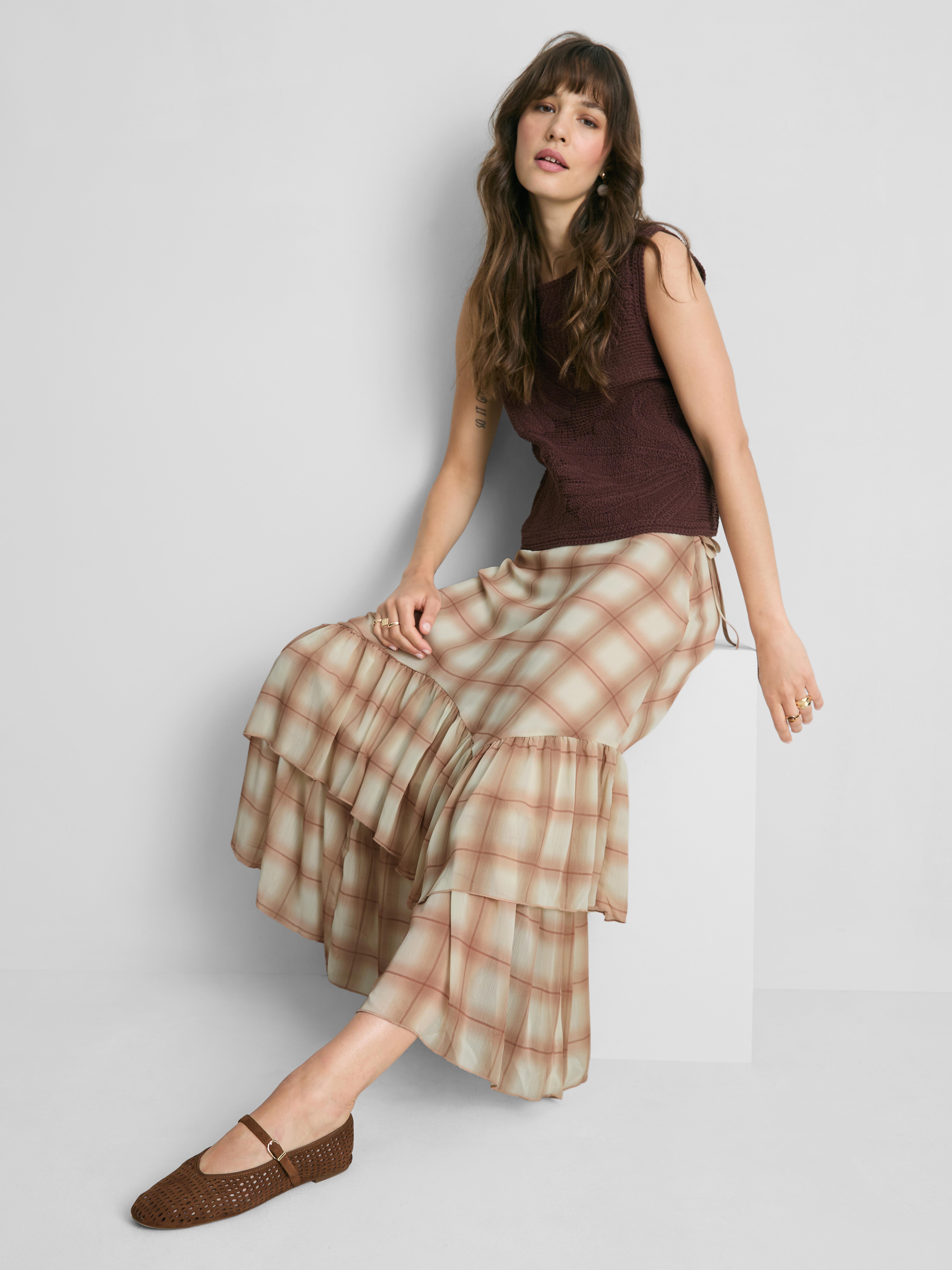 Ruffle Chiffon Printed Maxi Skirt