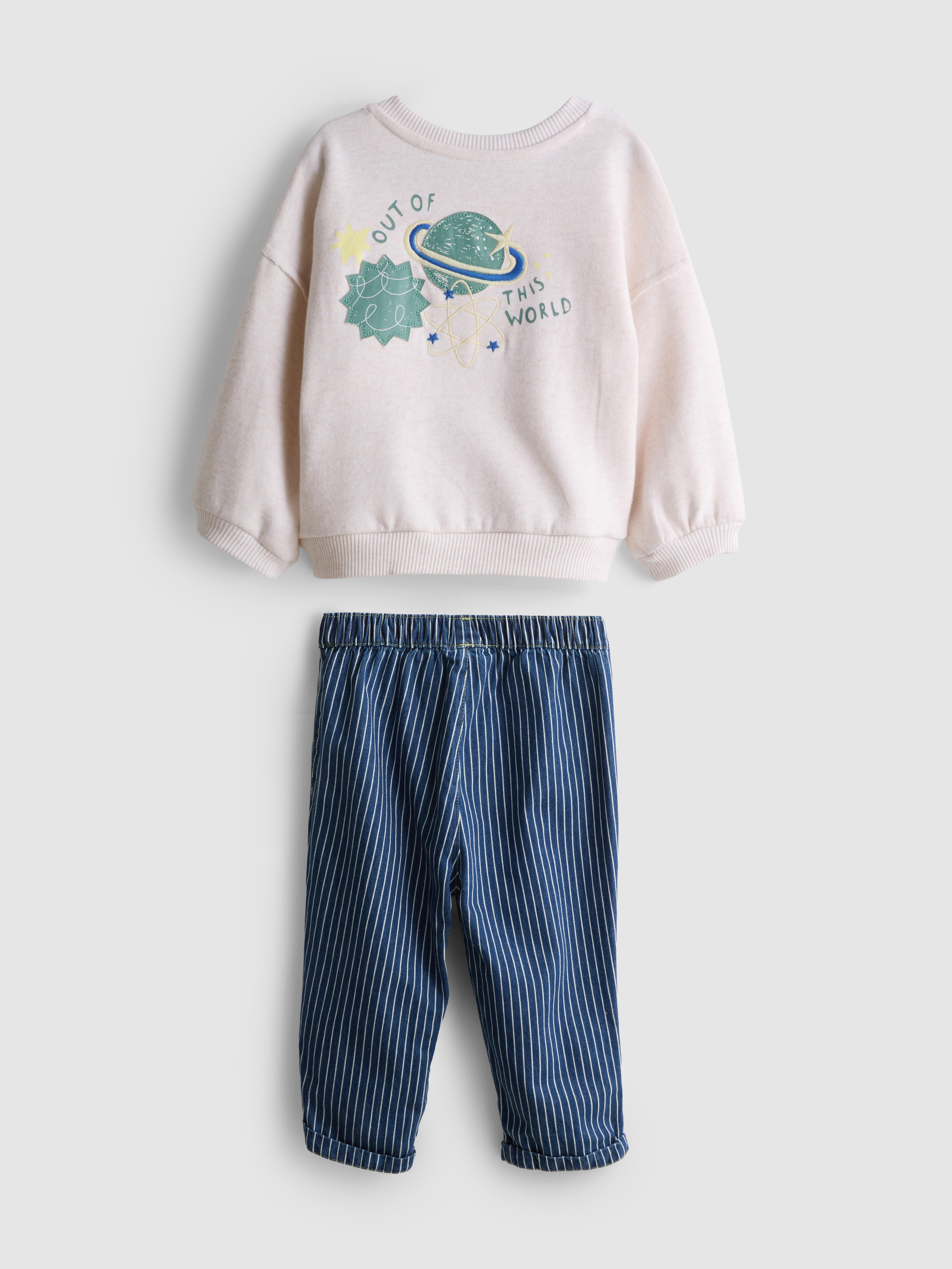 0-18mths | Pure Cotton Space Graphic Sweatshirt and Jeans Newborn Set