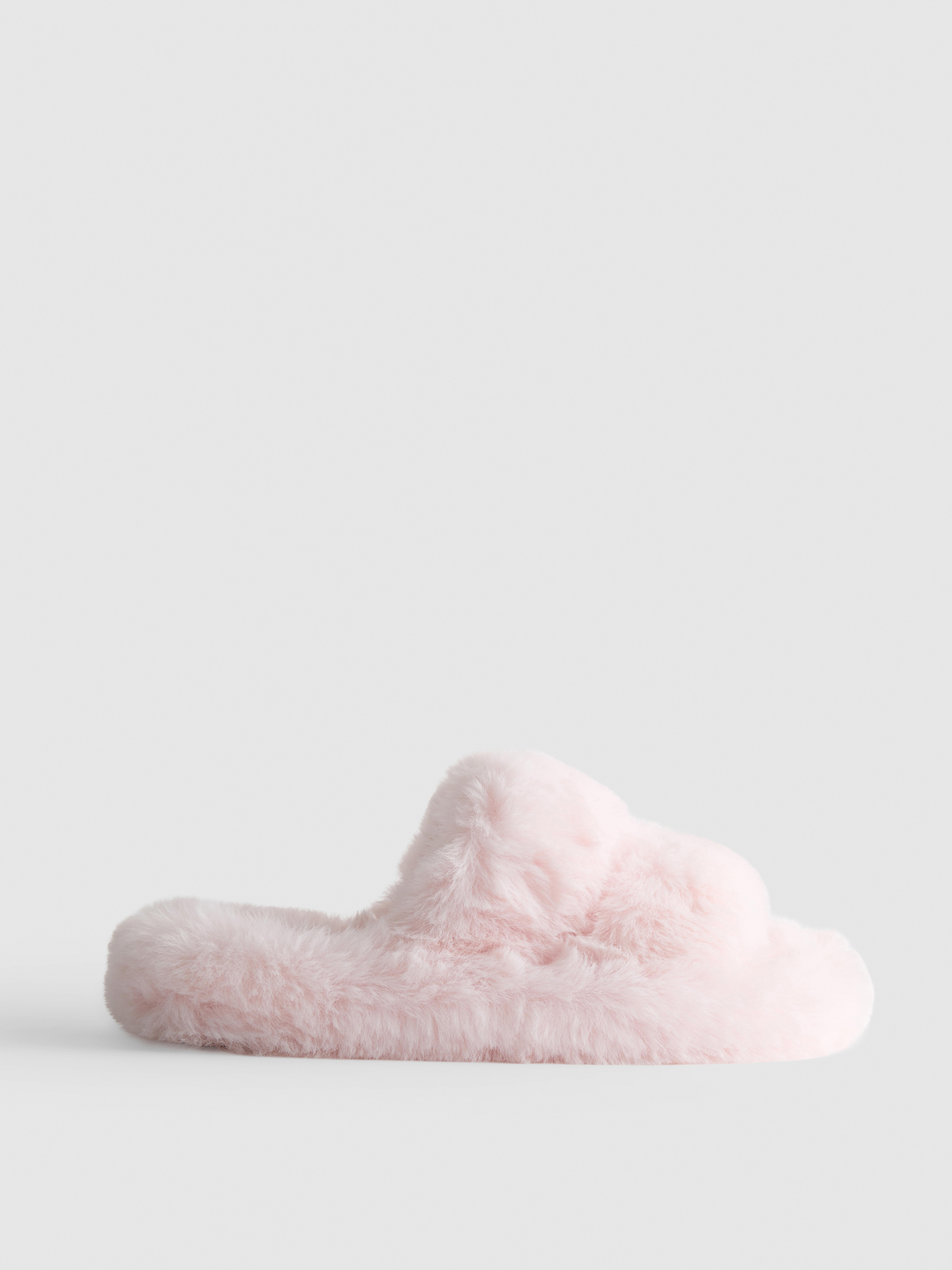 Flauschige Hausschuhe mit Doppelriemchen Rosa