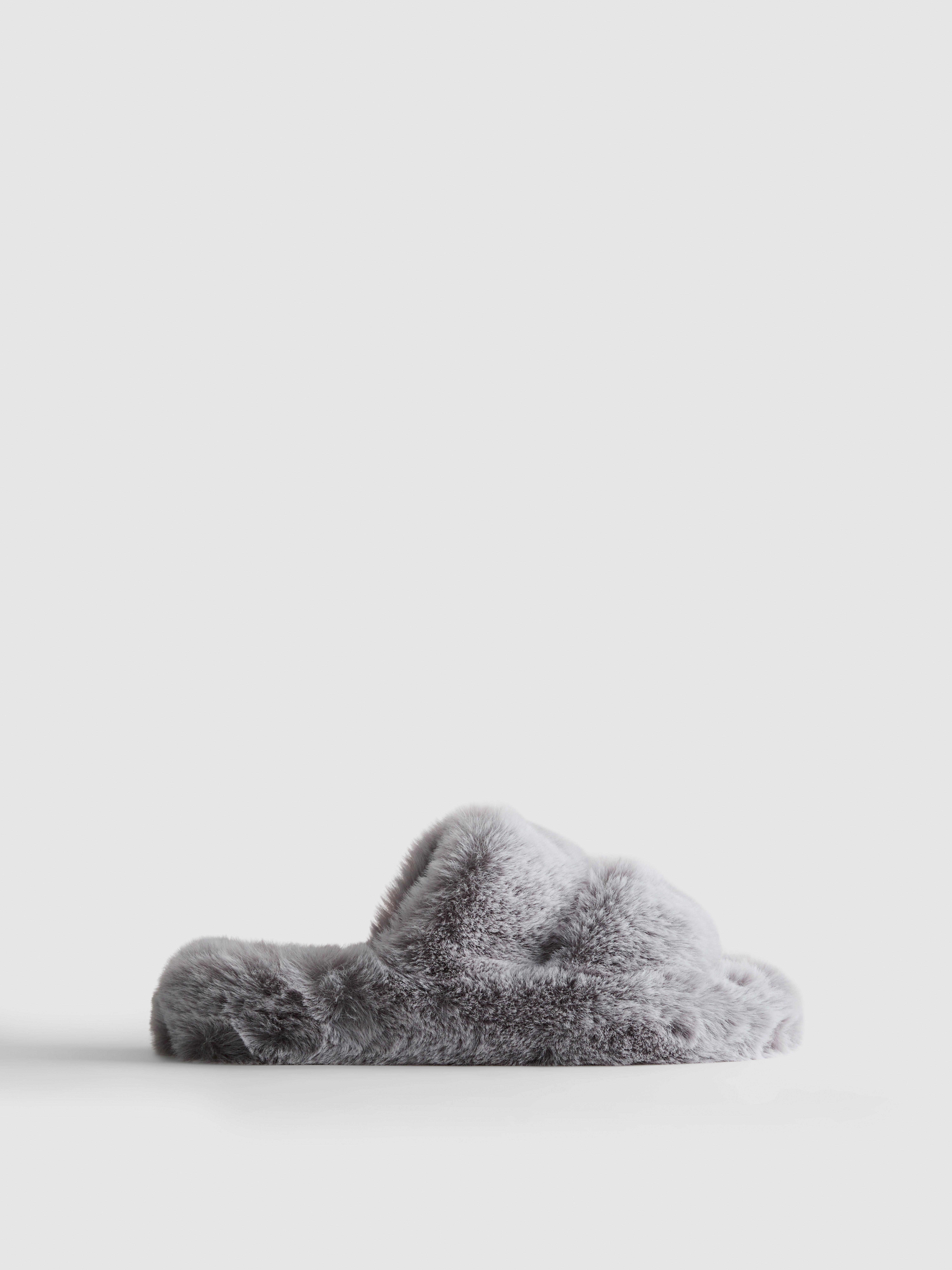 Double Strap Fluffy Slippers Grey