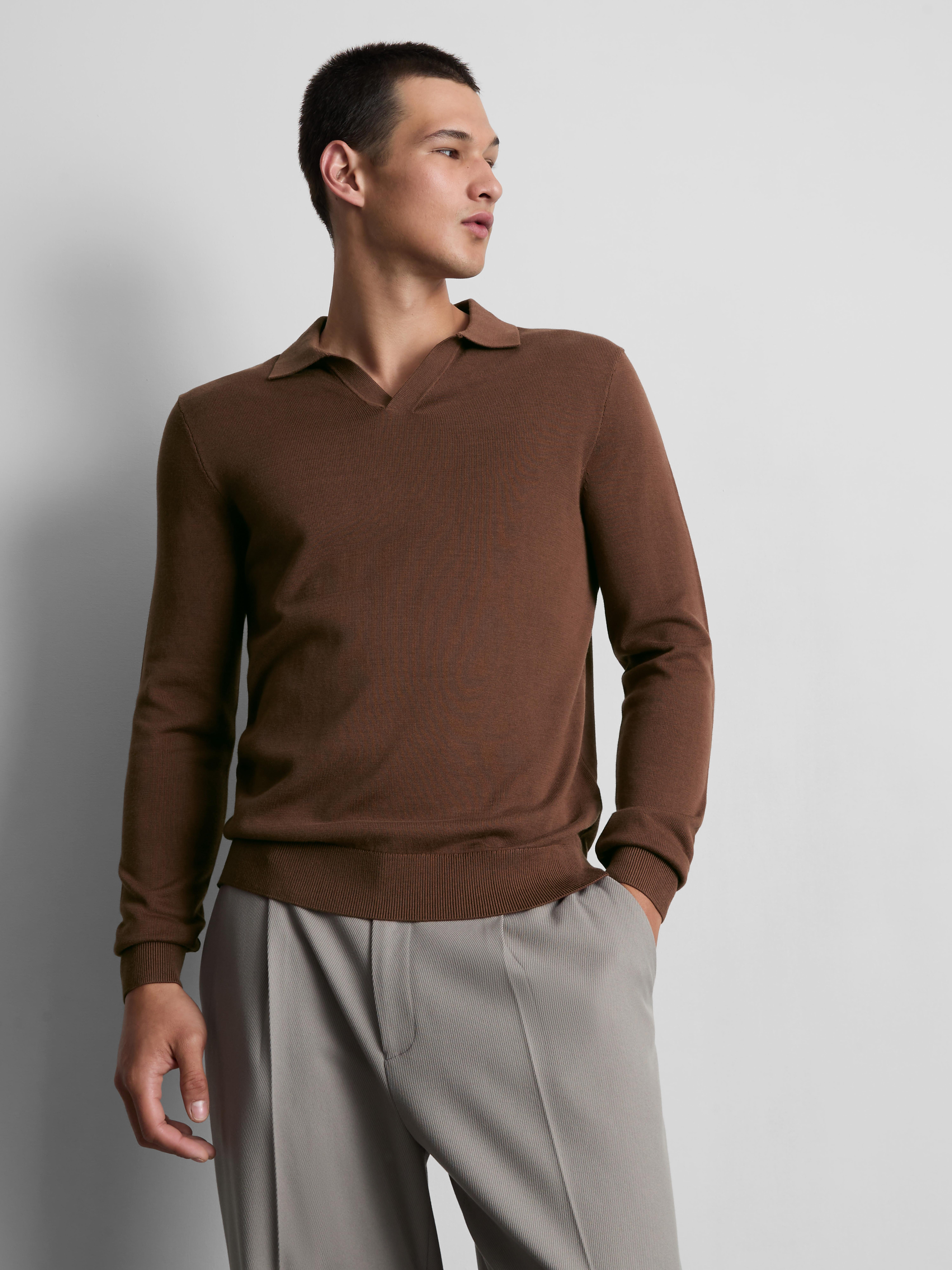 Knitted Long Sleeve Polo Shirt Dark Brown