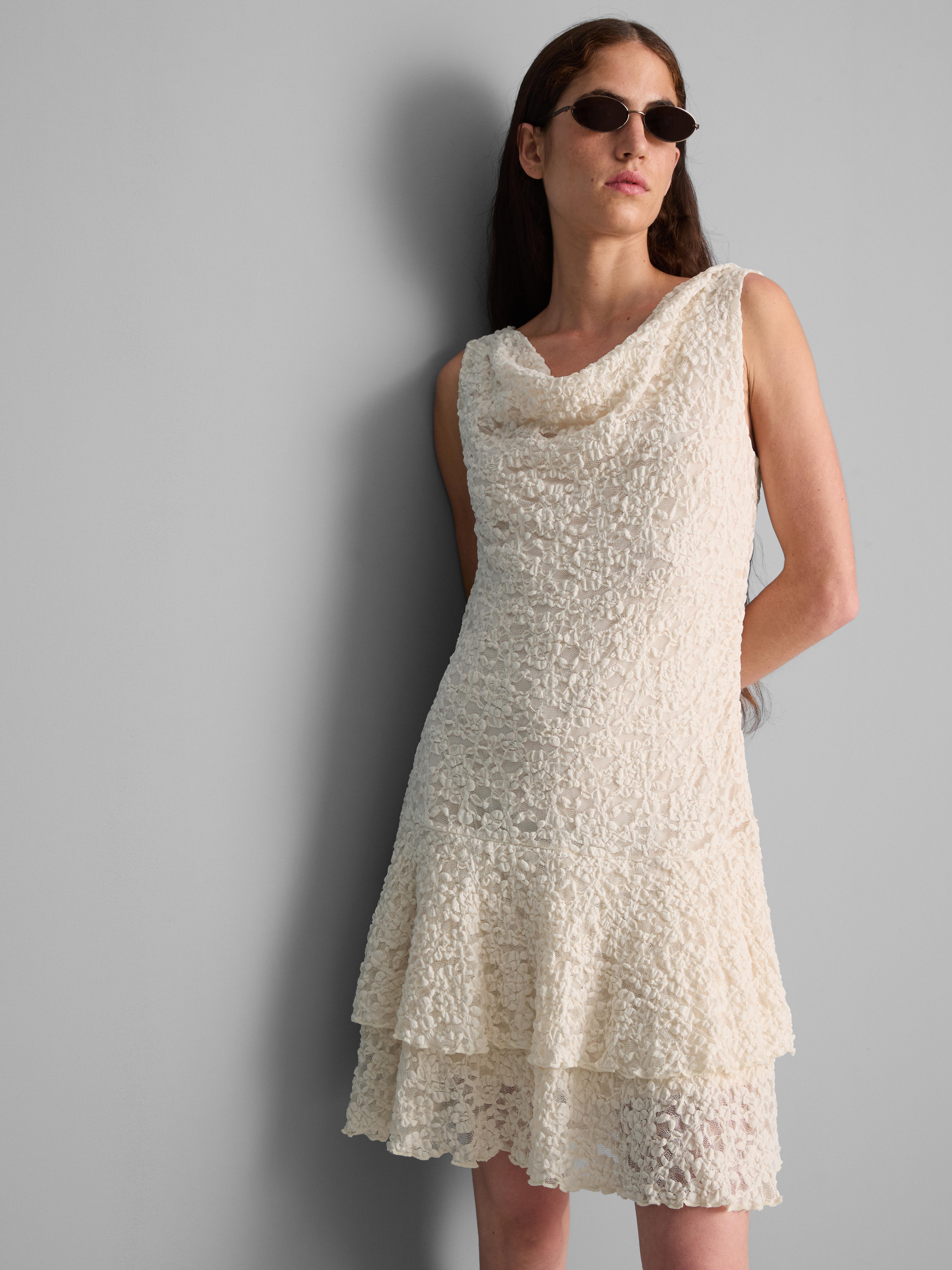 Cowl-Neck Lace Ruffle Mini Dress
