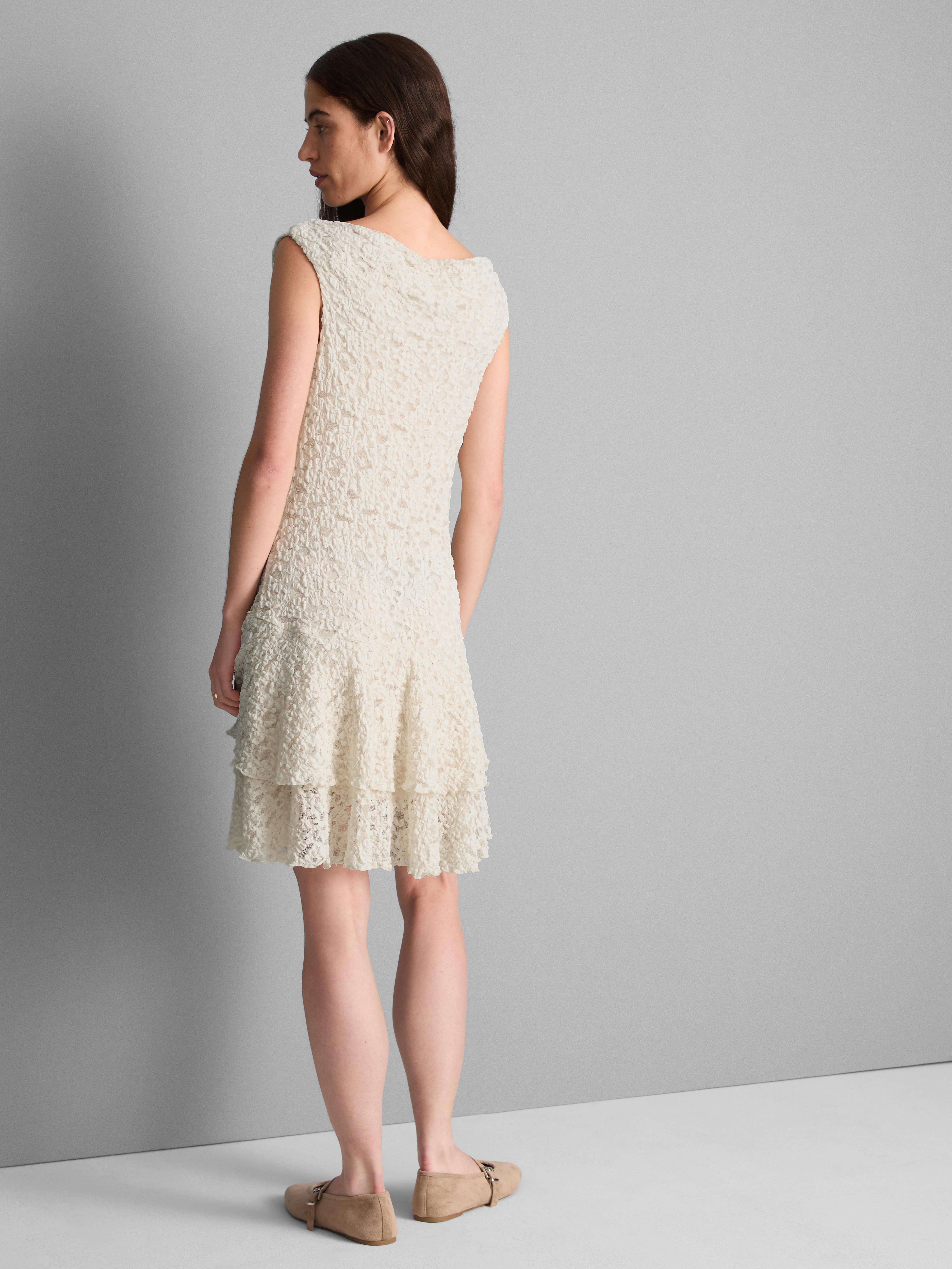 Cowl-Neck Lace Ruffle Mini Dress