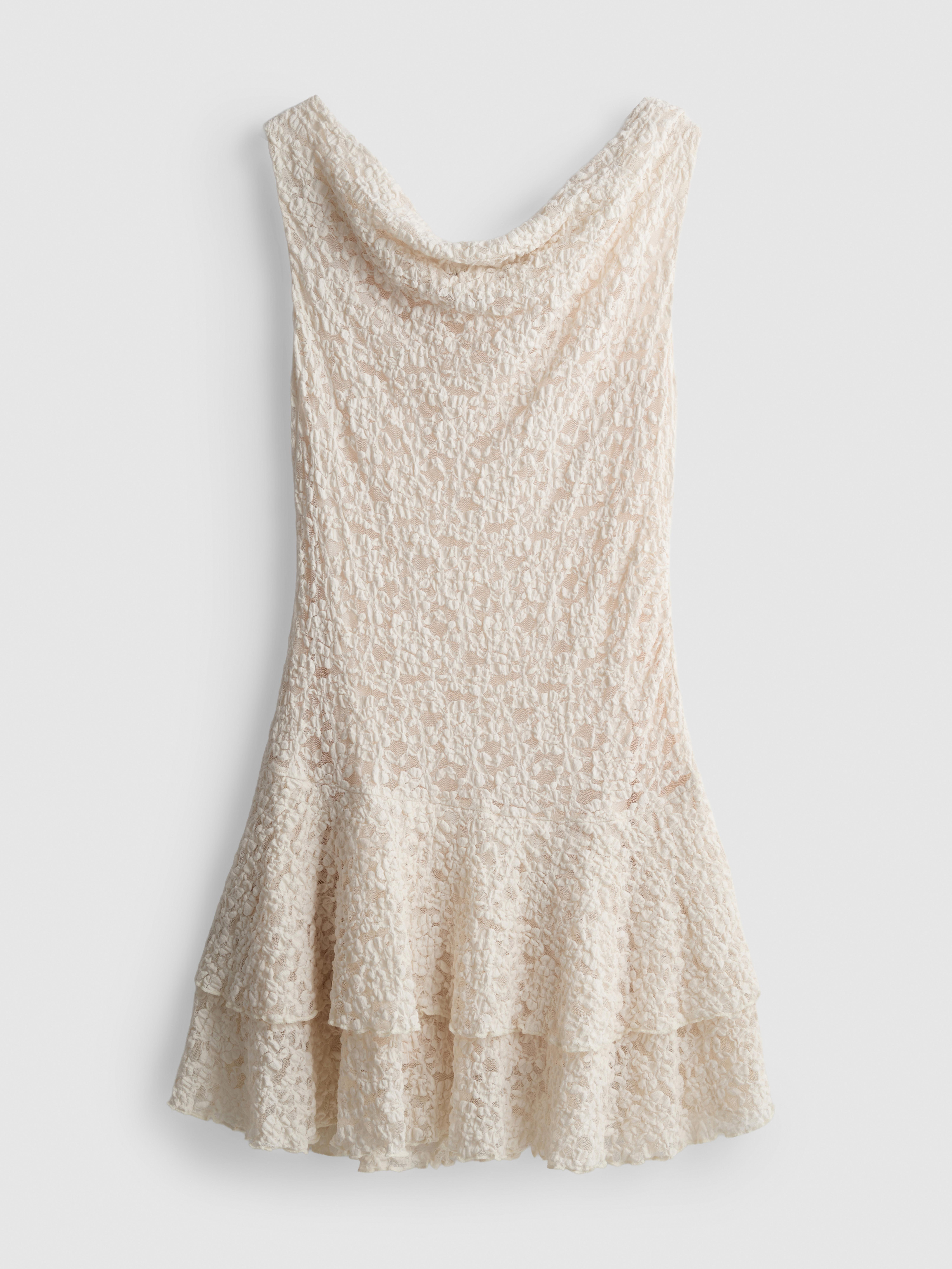Cowl-Neck Lace Ruffle Mini Dress