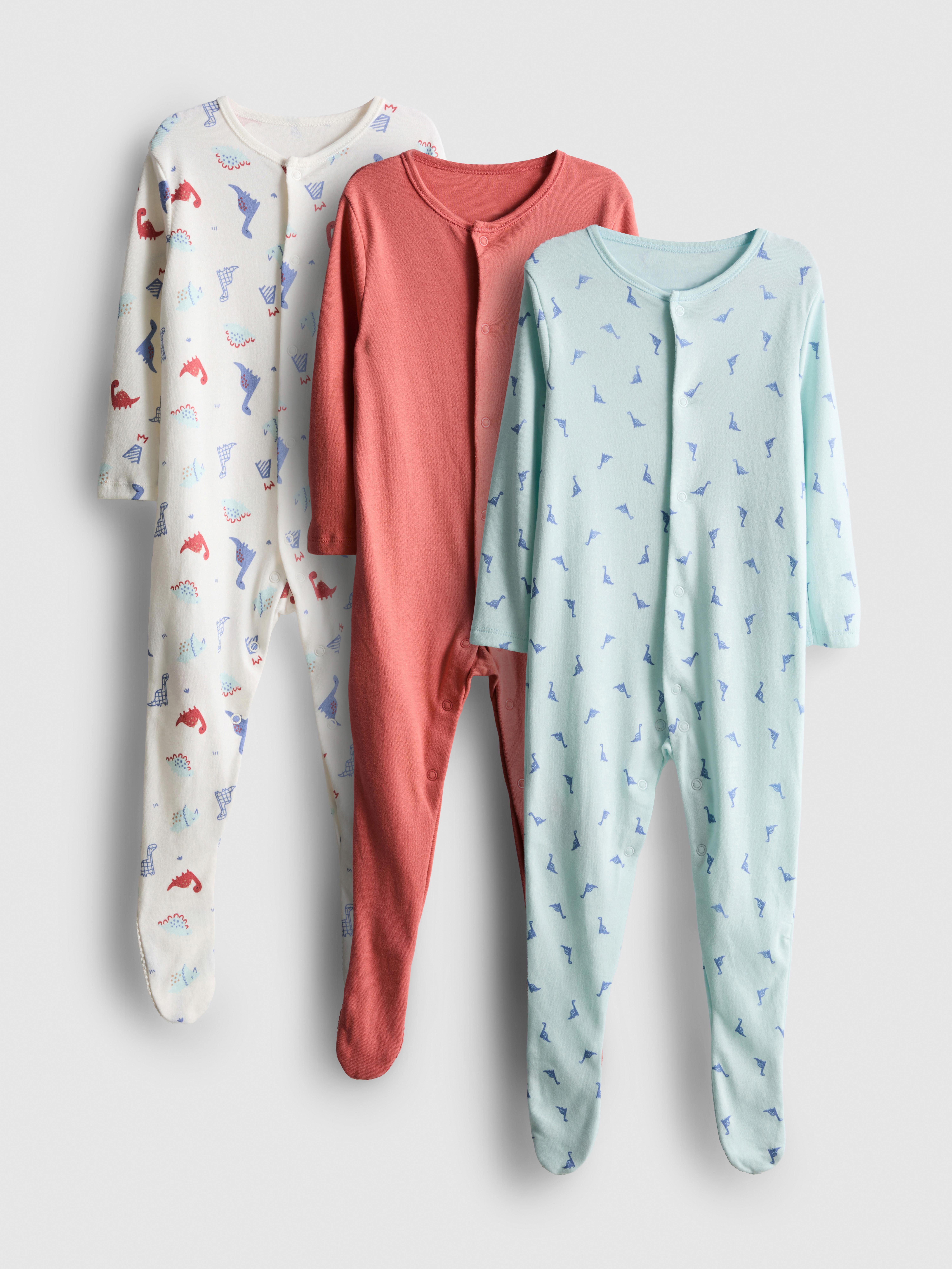 0-24mths | 3pk Pure Cotton Dinosaur Graphic Snap-Closure Sleepsuits