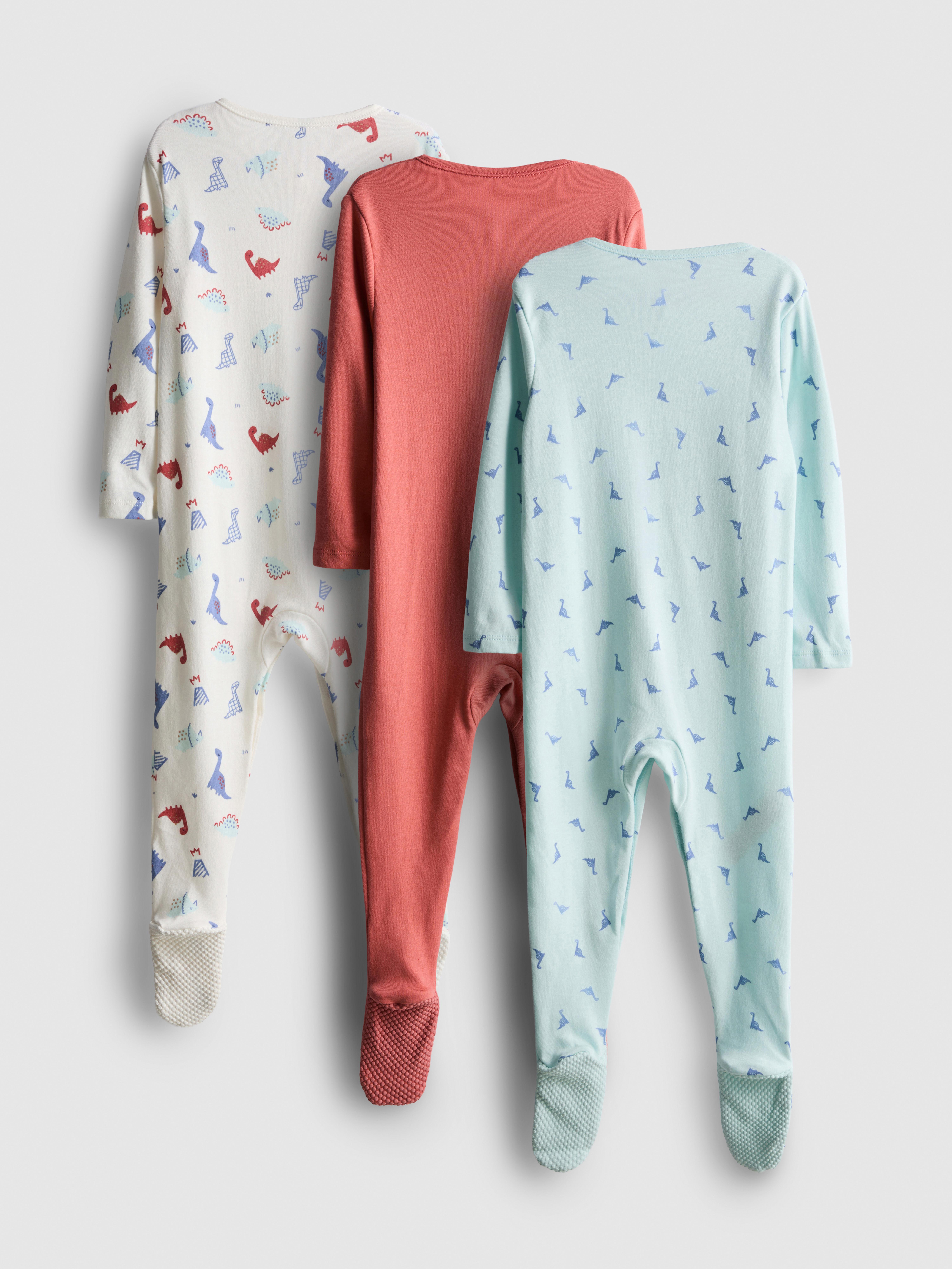 0-24mths | 3pk Pure Cotton Dinosaur Graphic Snap-Closure Sleepsuits