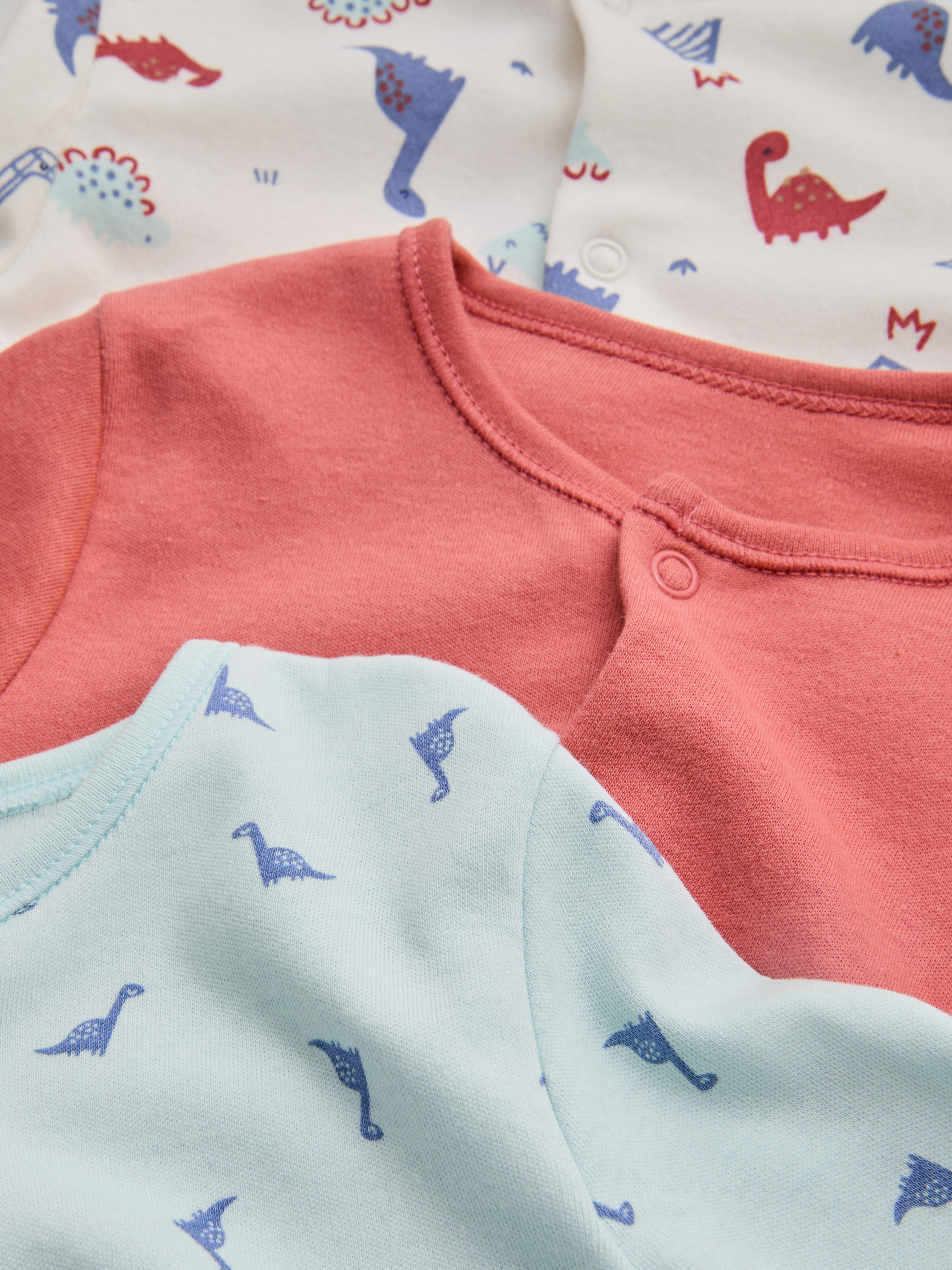 0-24mths | 3pk Pure Cotton Dinosaur Graphic Snap-Closure Sleepsuits