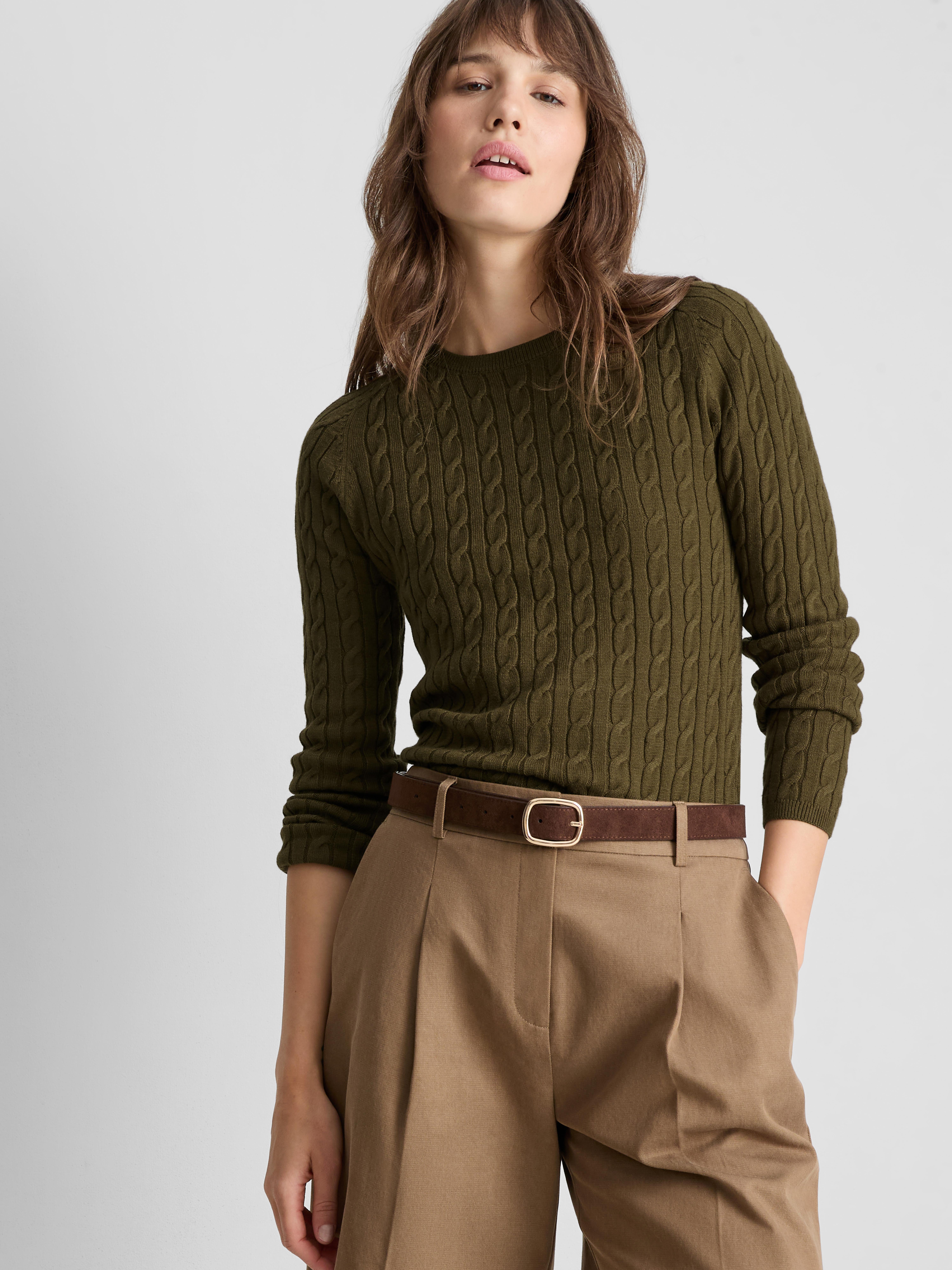 Cable Knit Crew Neck Jumper Khaki