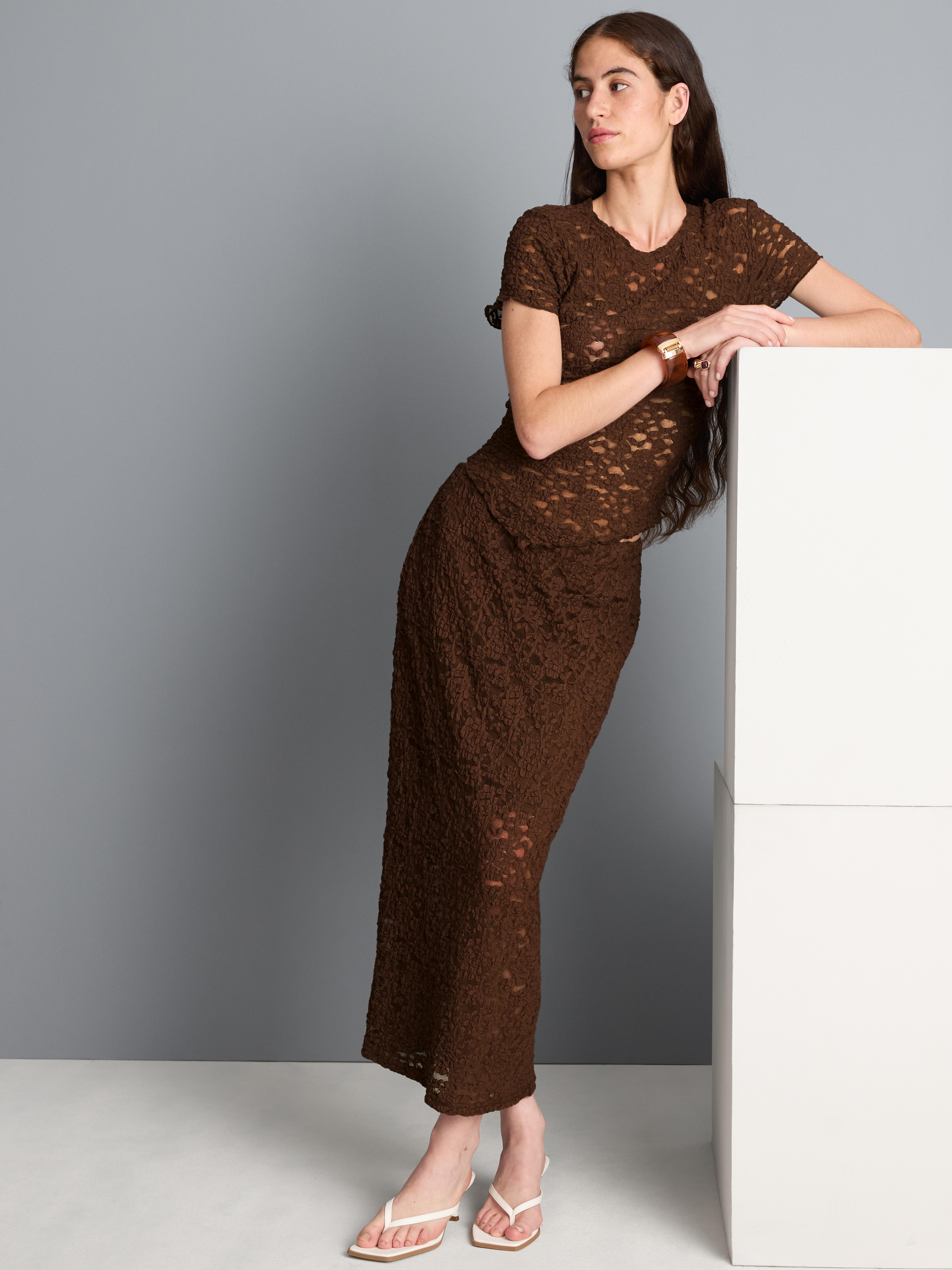 Cotton Blend Asymmetric Textured Lace Top Brown