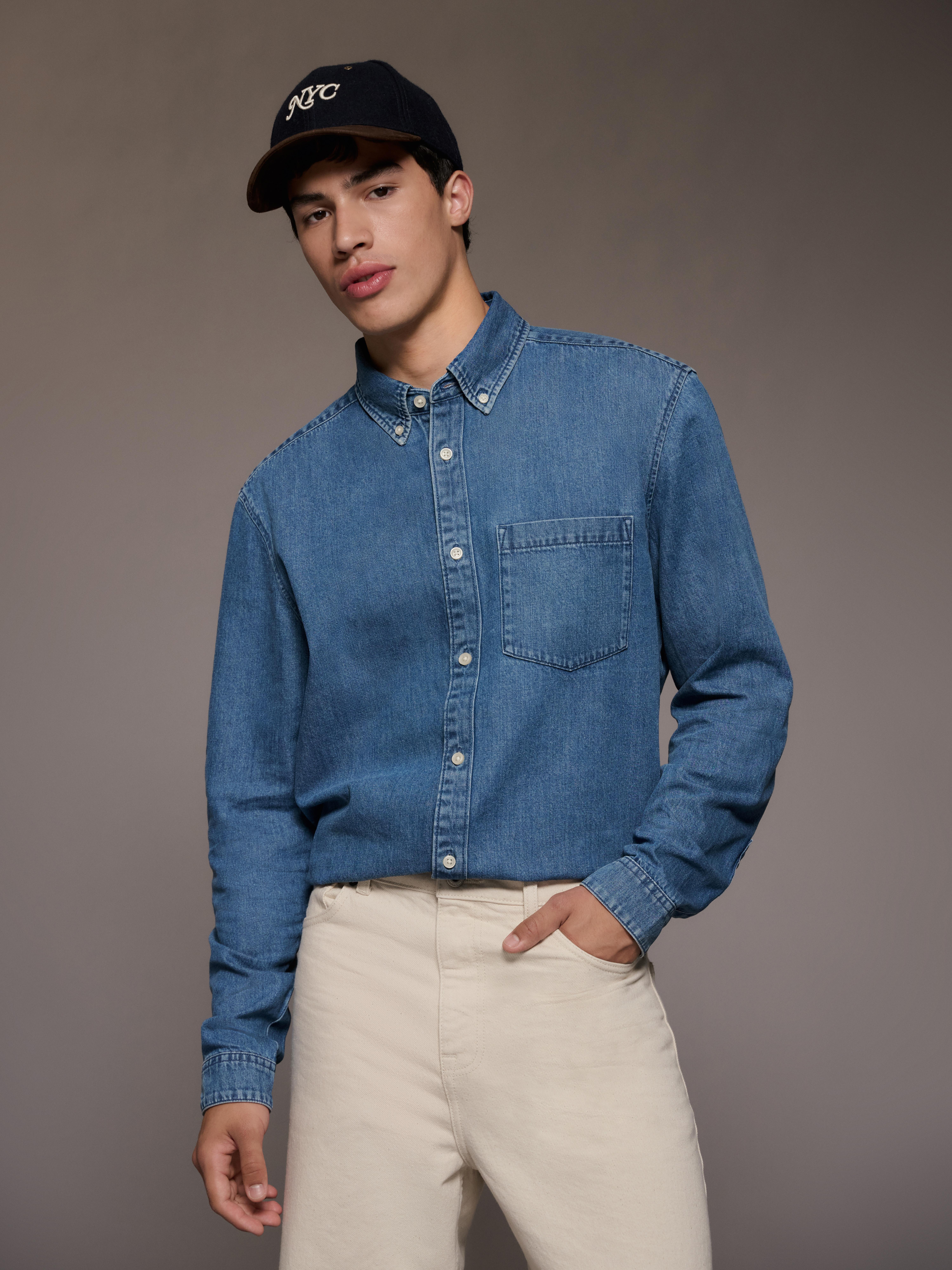 Long-Sleeve Button-Up Denim Shirt
