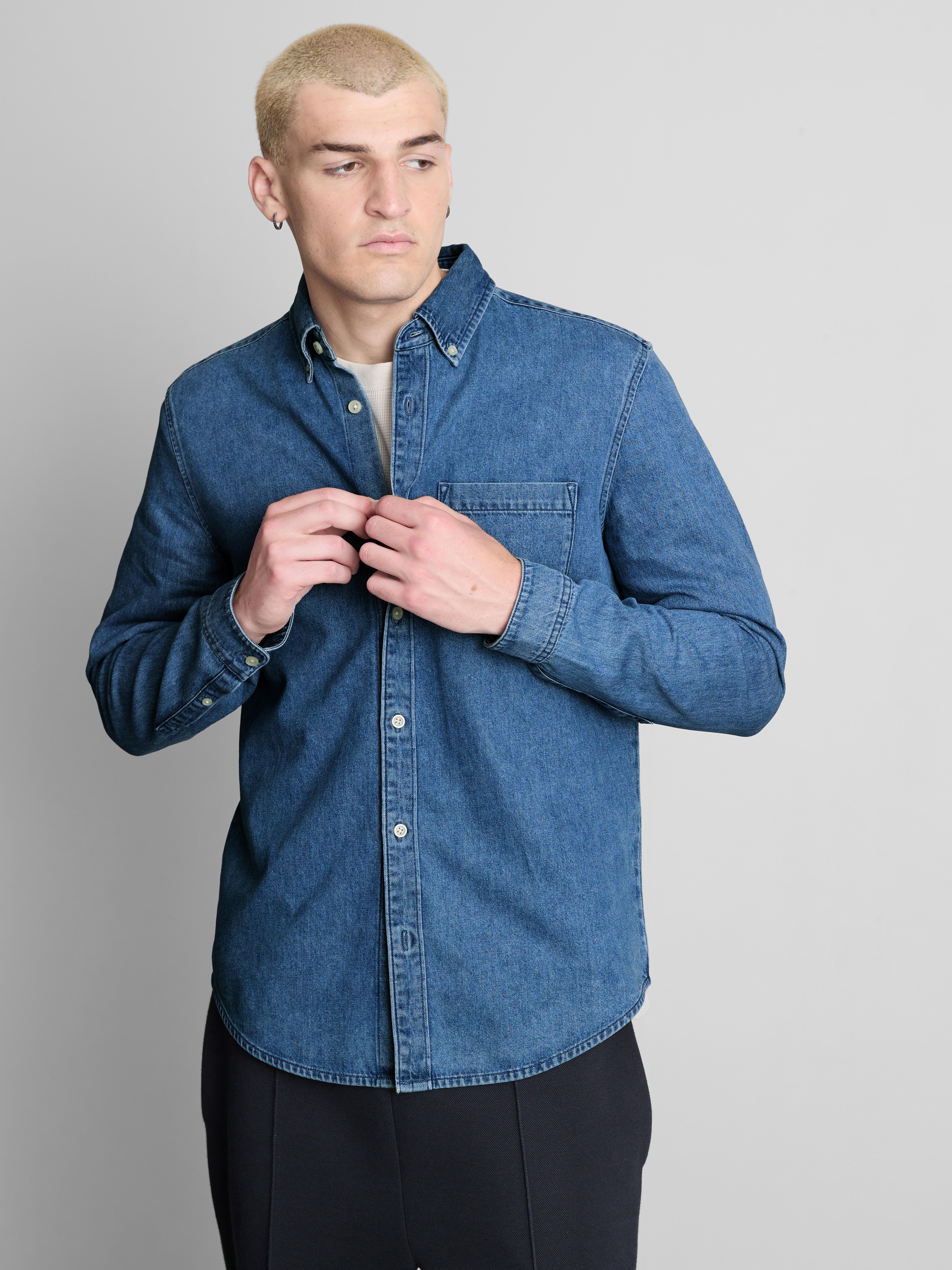 Long-Sleeve Button-Up Denim Shirt