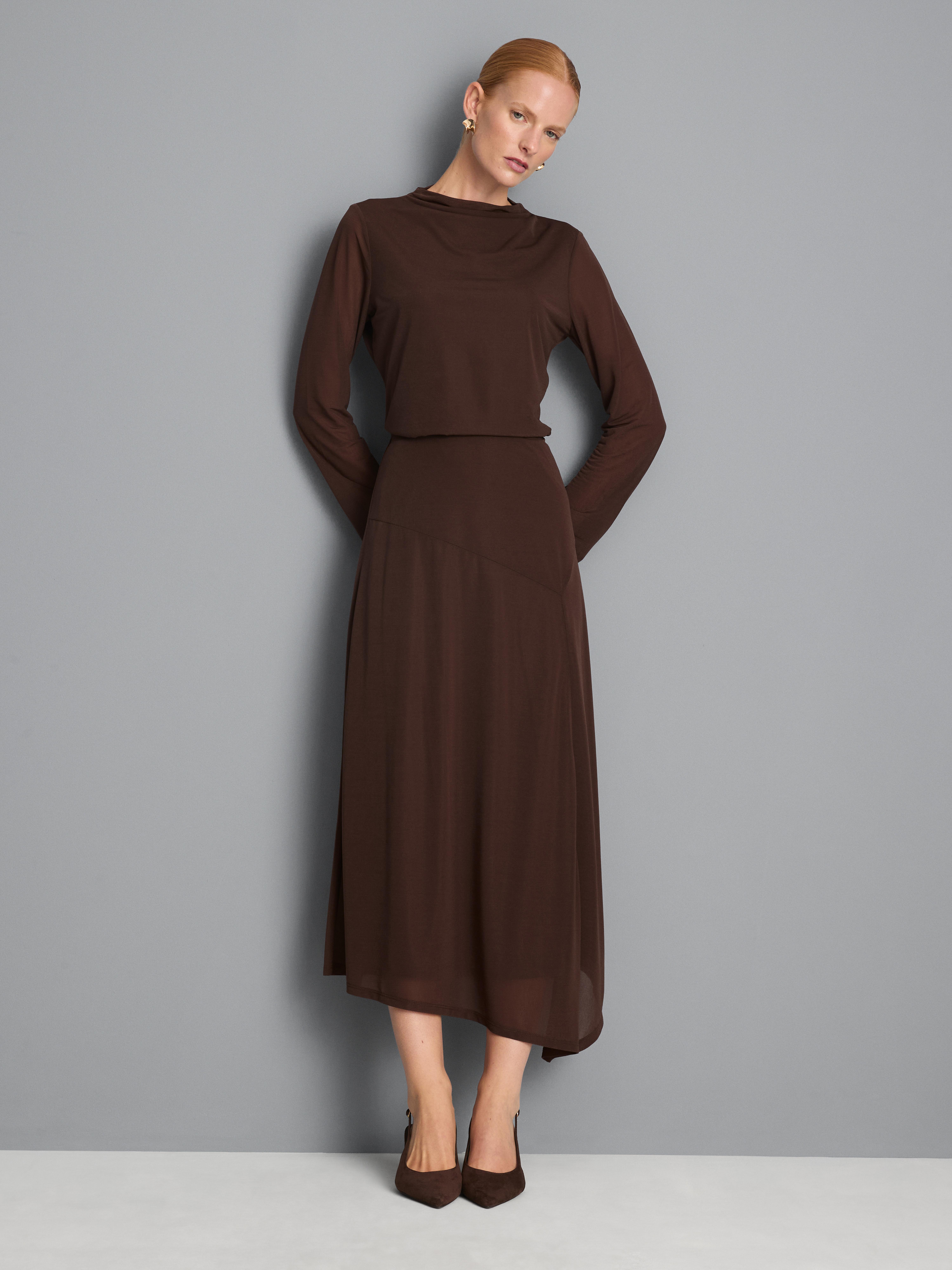 Asymmetrische jersey midi-rok met mesh Bruin