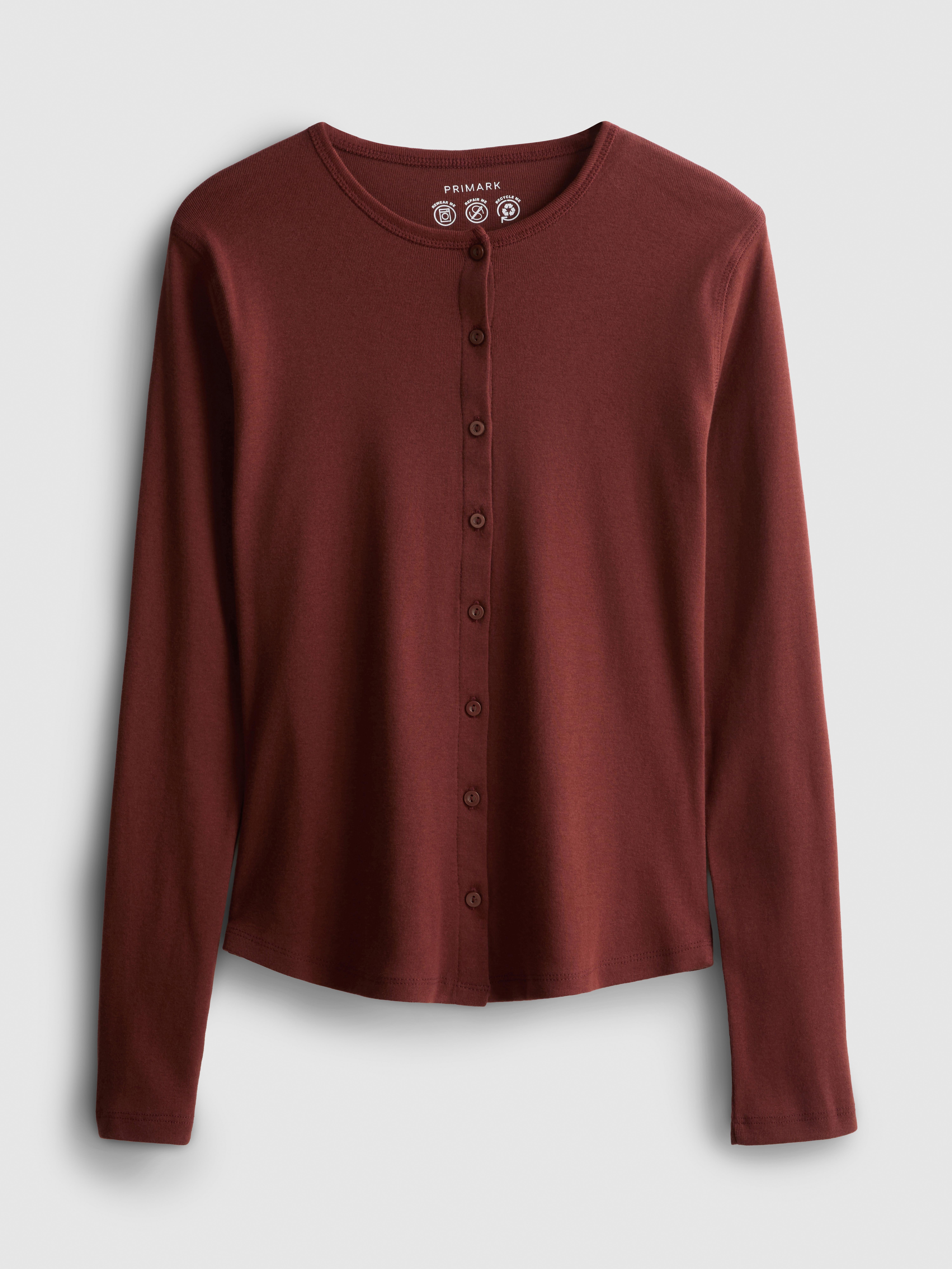 Pure Cotton Round Neck Long Sleeve Cardigan Copper