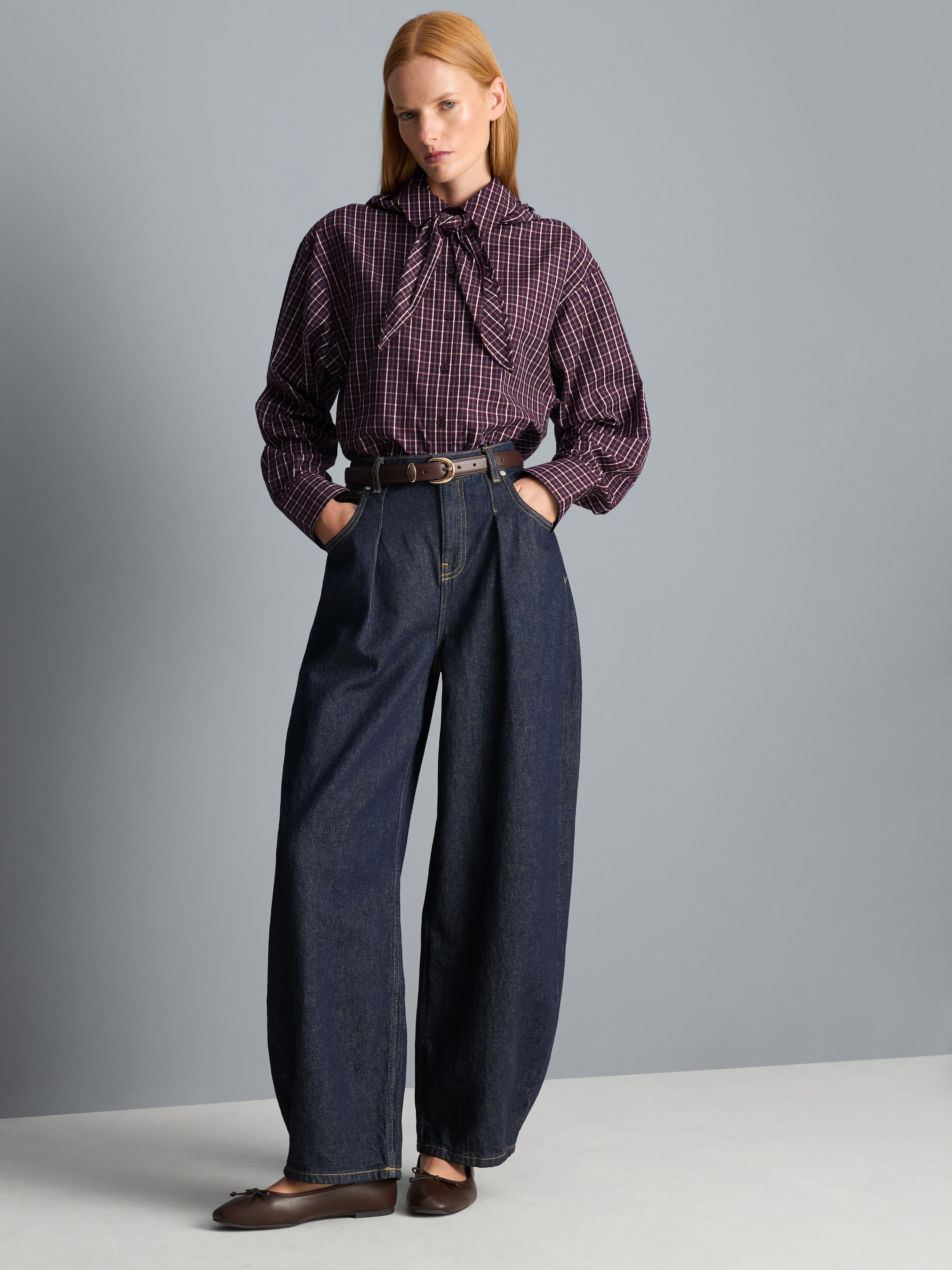 Cotton-Blend Tie-Neck Plaid Shirt