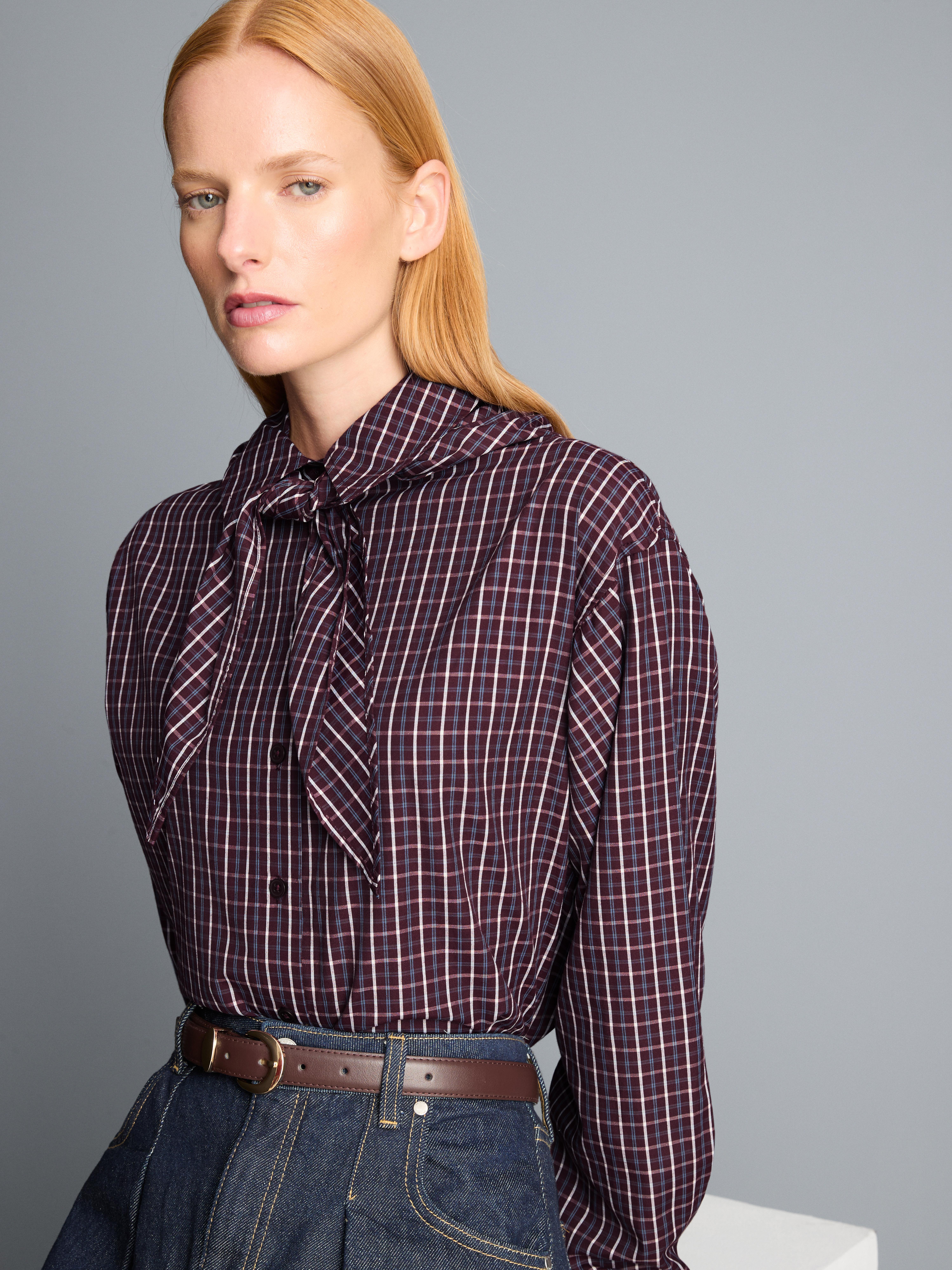Cotton-Blend Tie-Neck Plaid Shirt