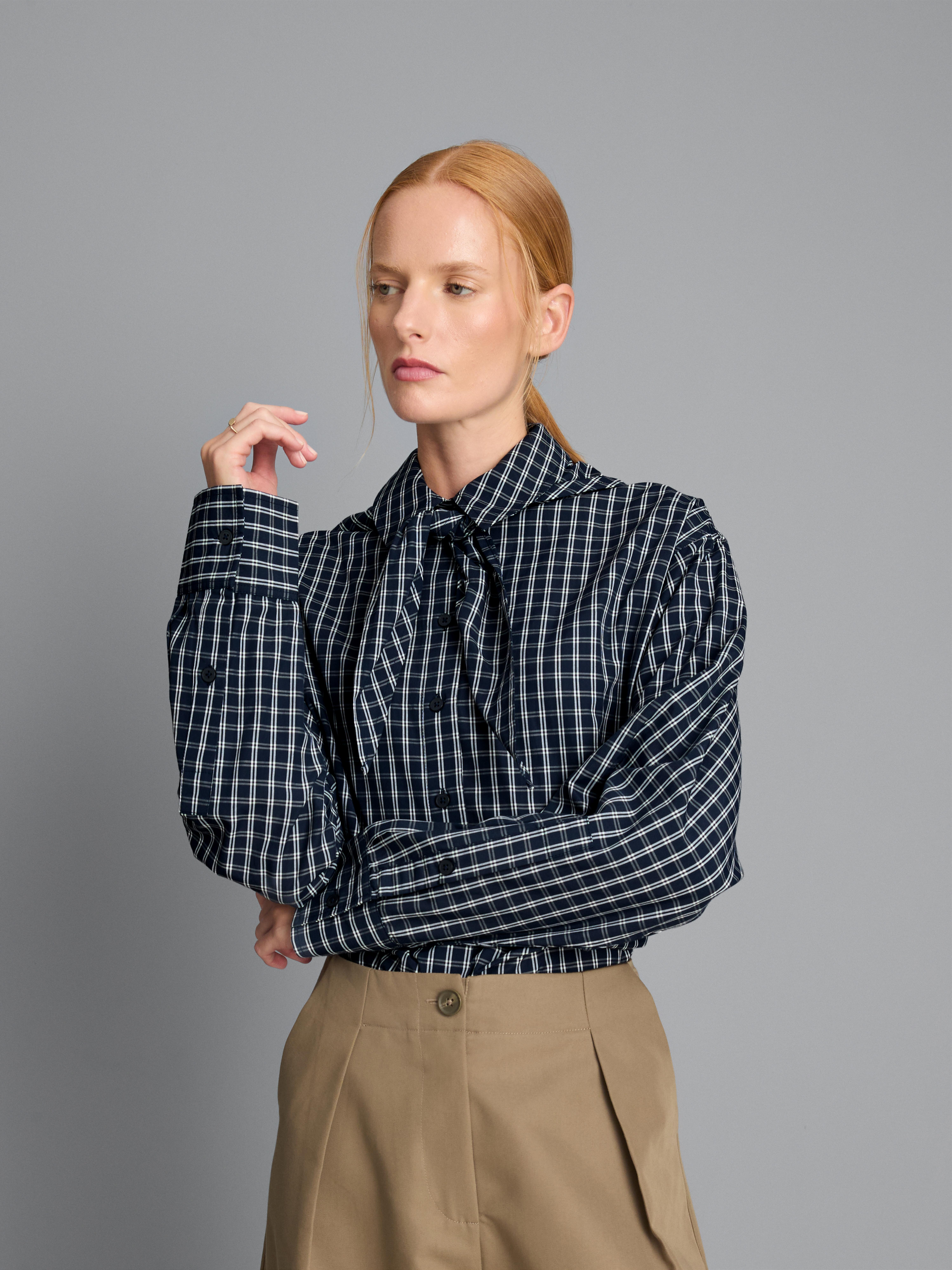 Cotton-Blend Tie-Neck Plaid Shirt