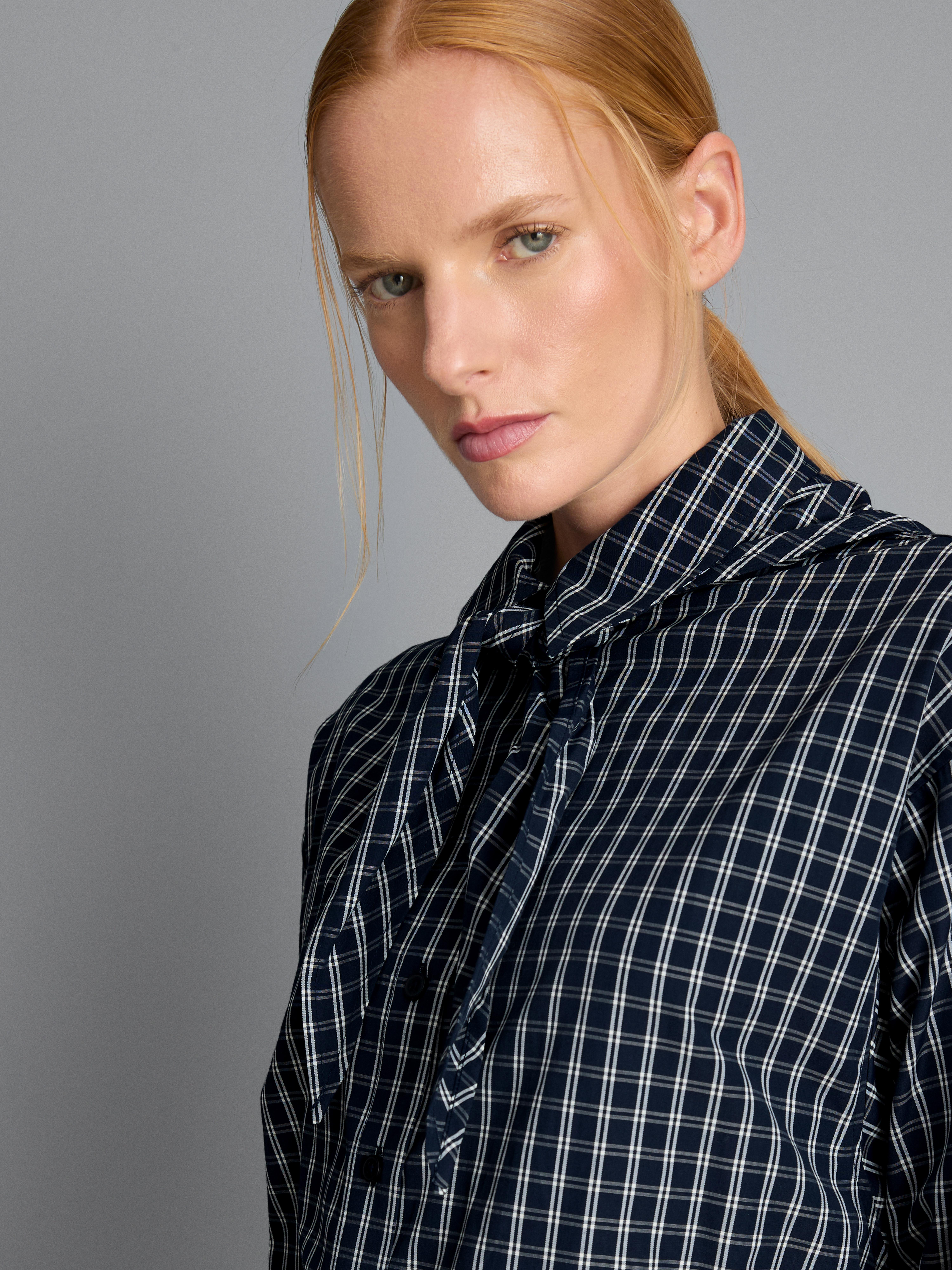 Cotton-Blend Tie-Neck Plaid Shirt