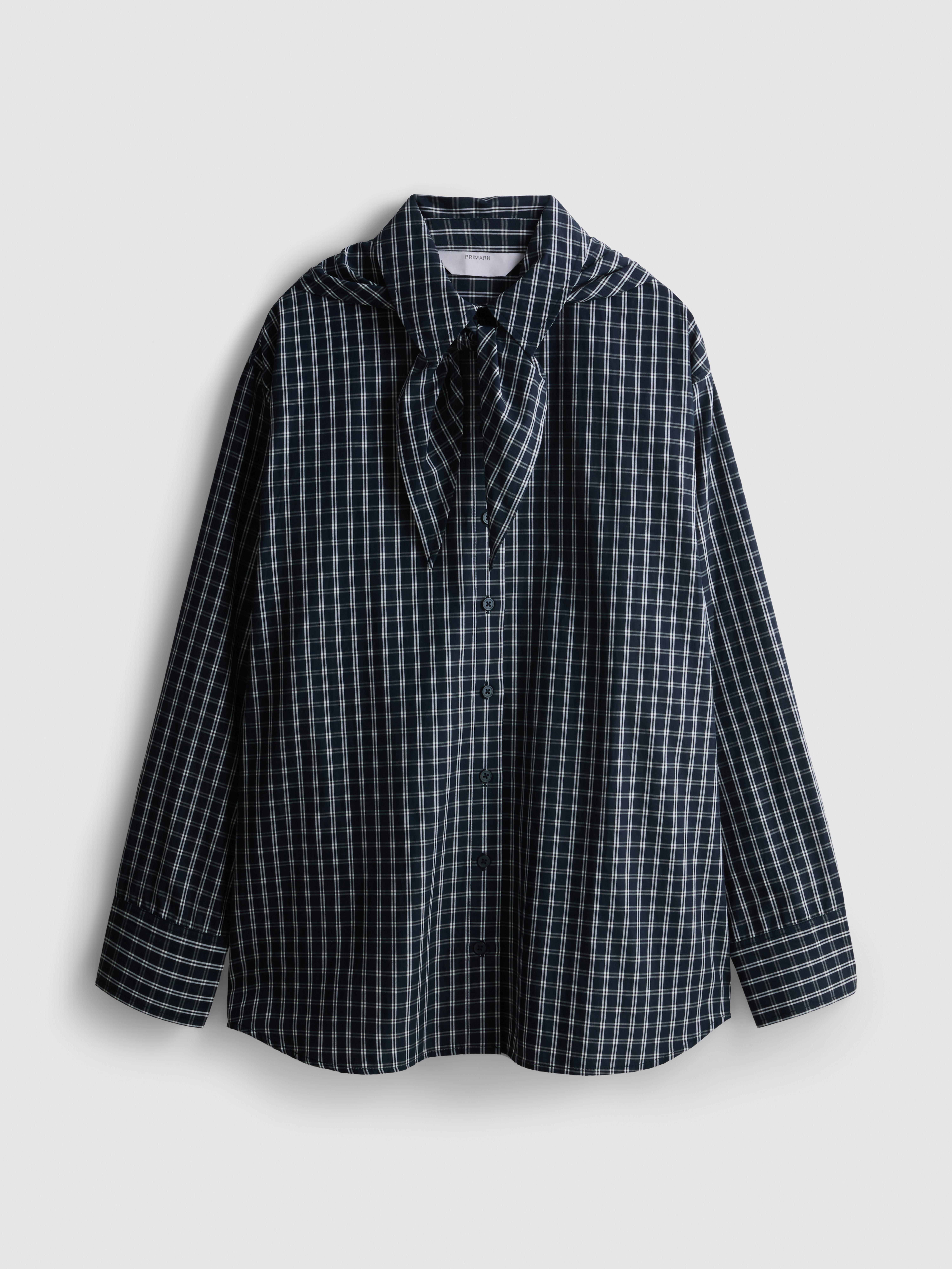 Women's Navy Cotton-Blend Tie-Neck Plaid Shirt | Primark