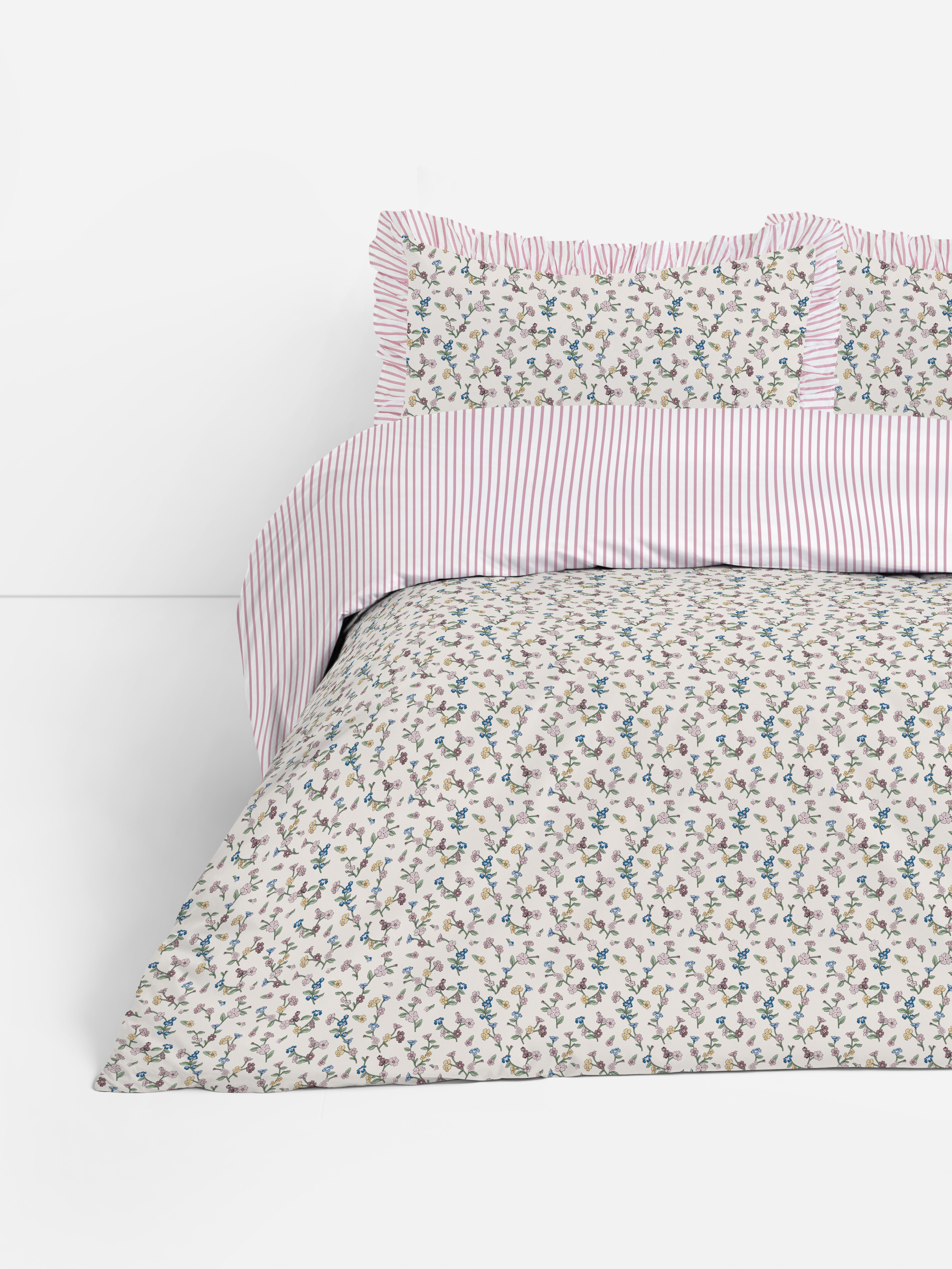 Katoenrijke kingsize dekbedovertrekset bloemen/strepen