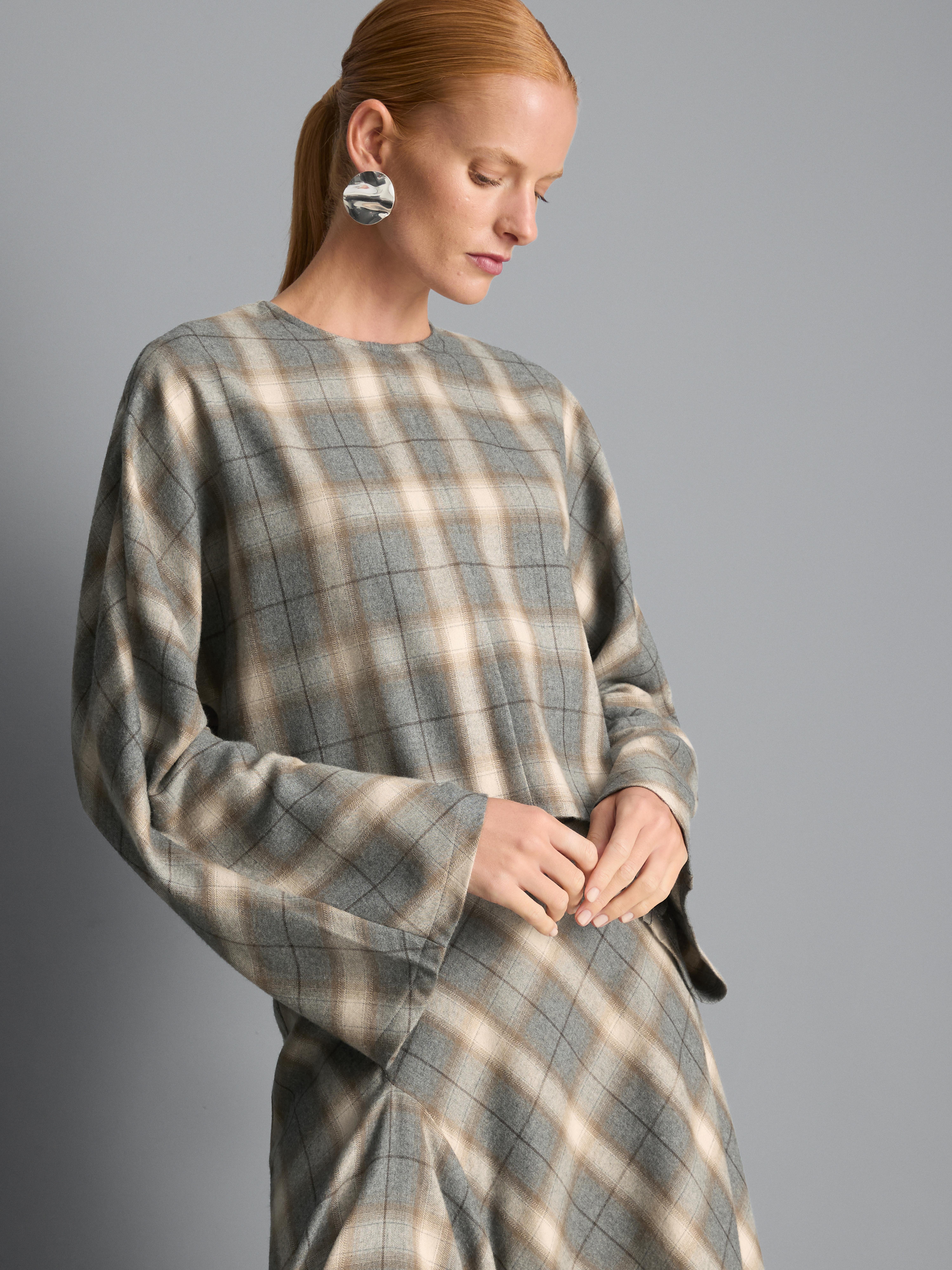 Bell-Sleeve Plaid Top