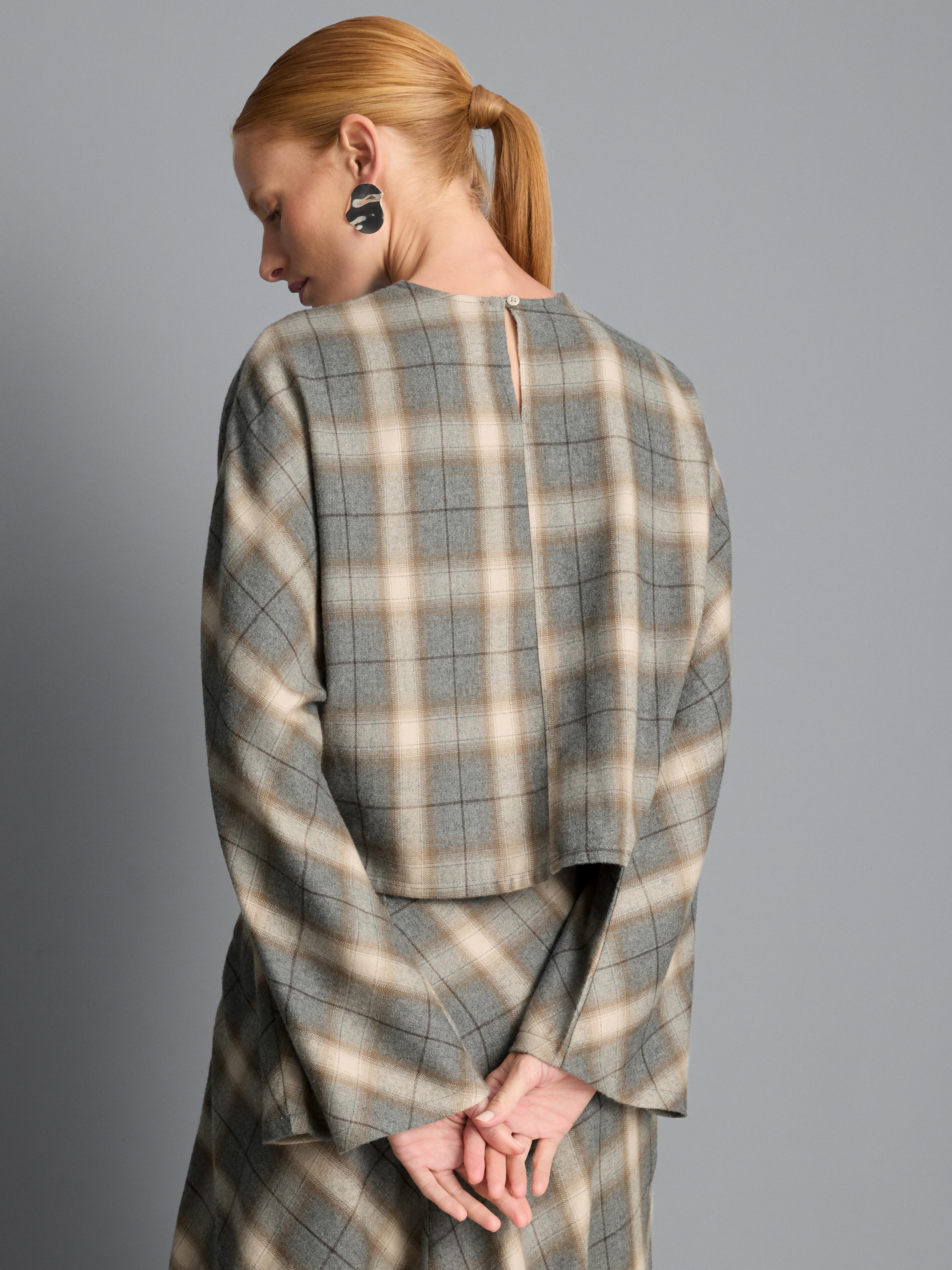 Bell-Sleeve Plaid Top