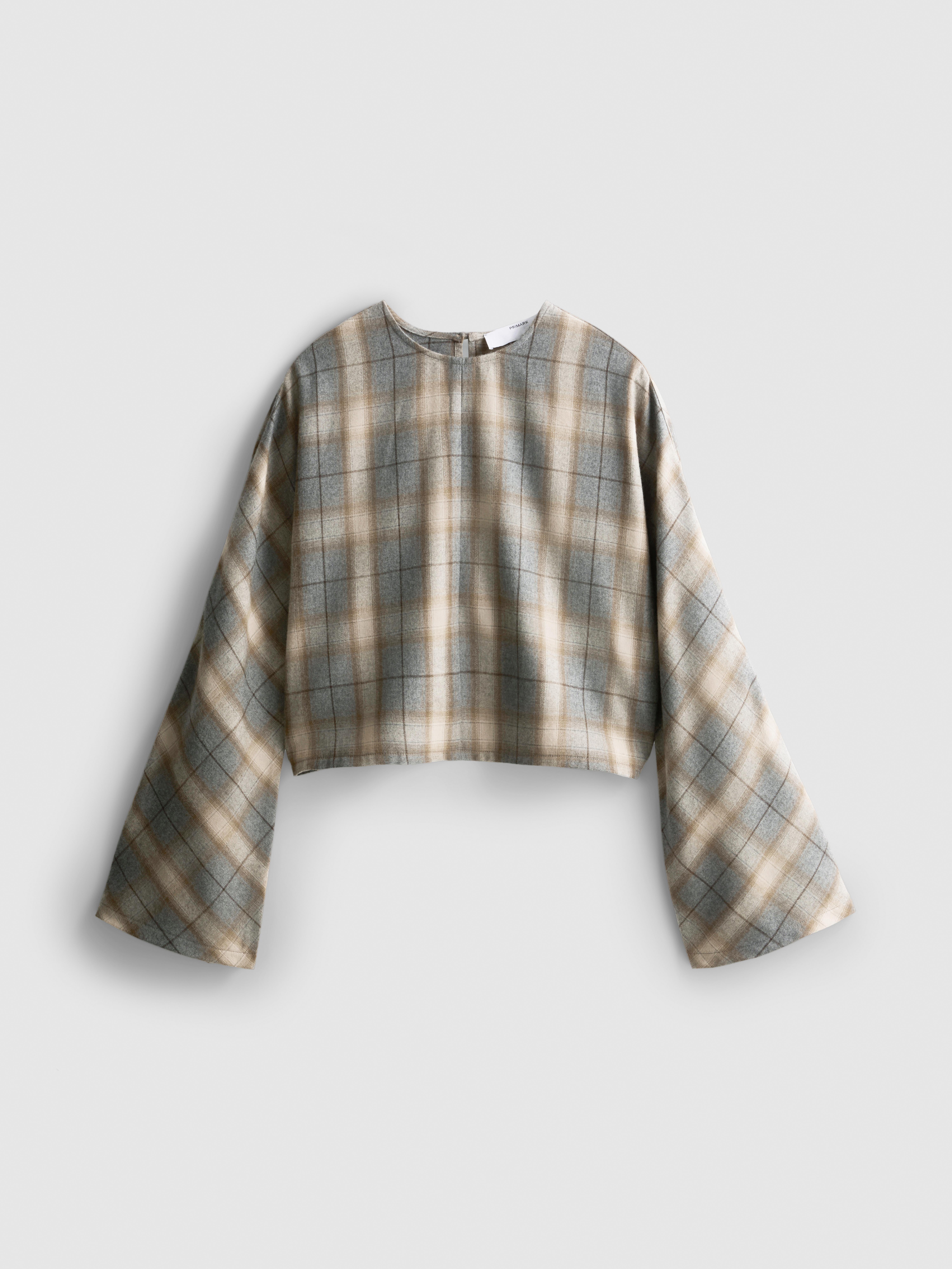 Bell-Sleeve Plaid Top