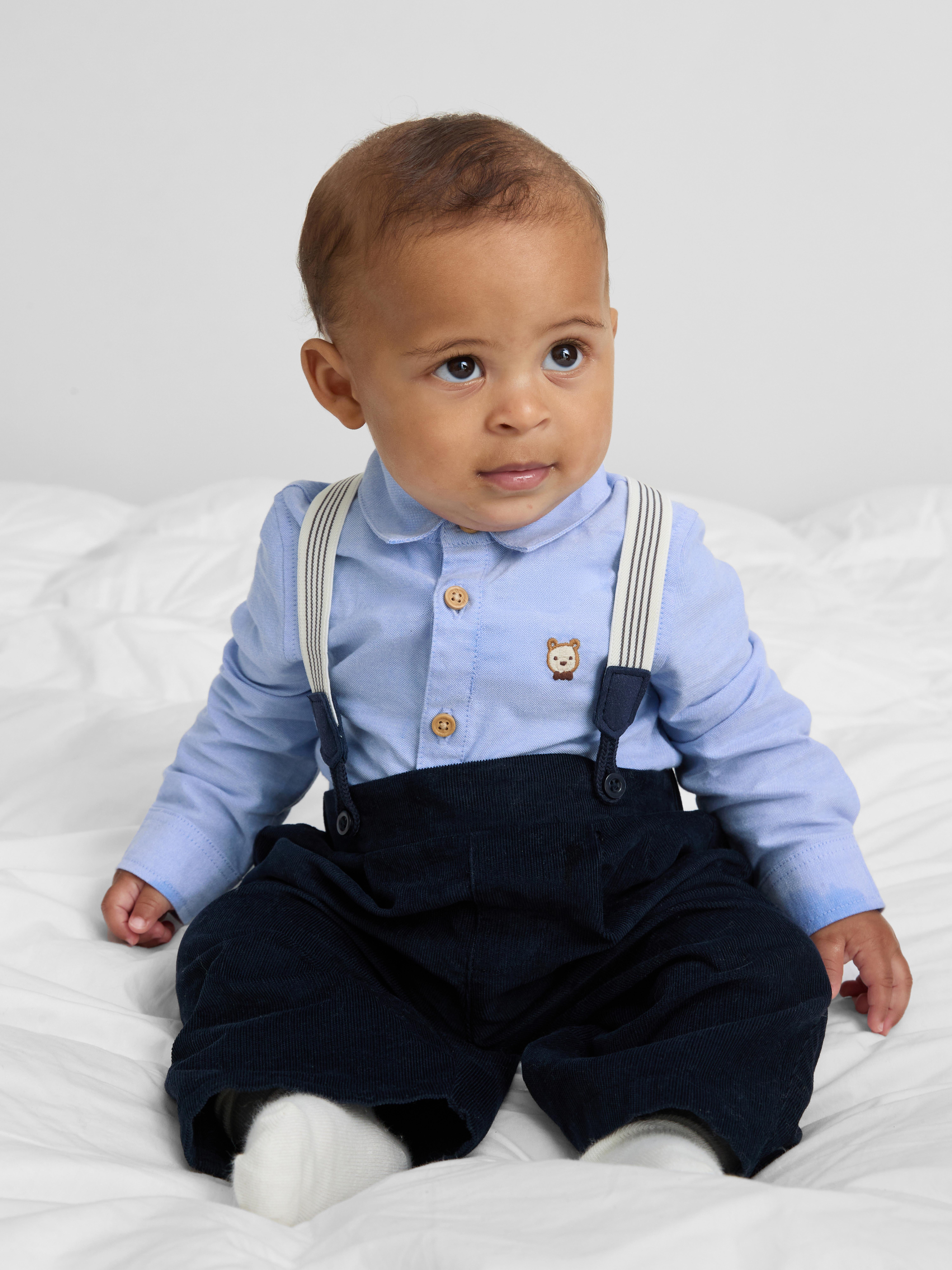 0-18mths | The Edit Collared Onesie and Pants with Suspenders Set