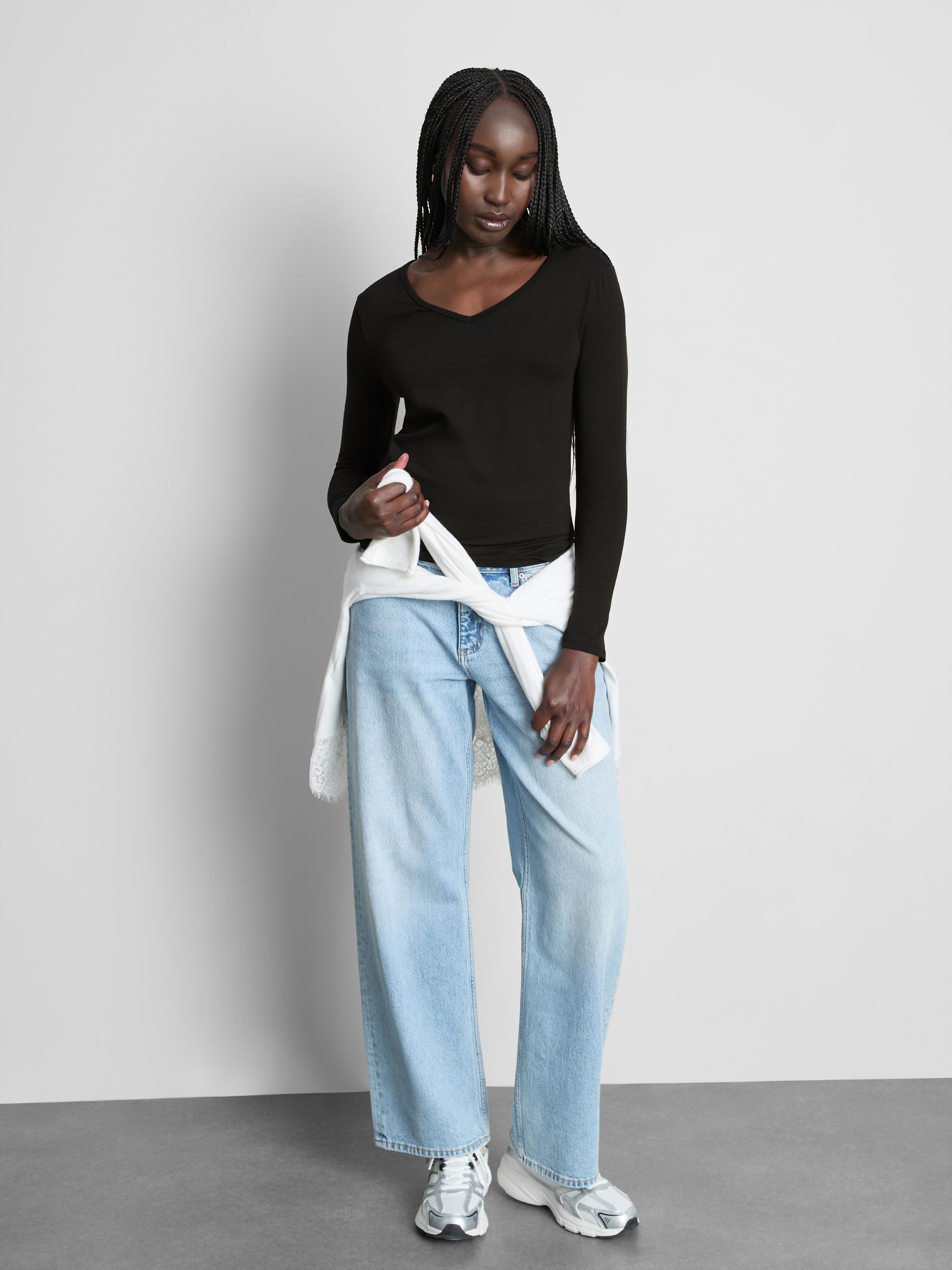 Cotton-Rich Long-Sleeve V-Neck Stretch Top