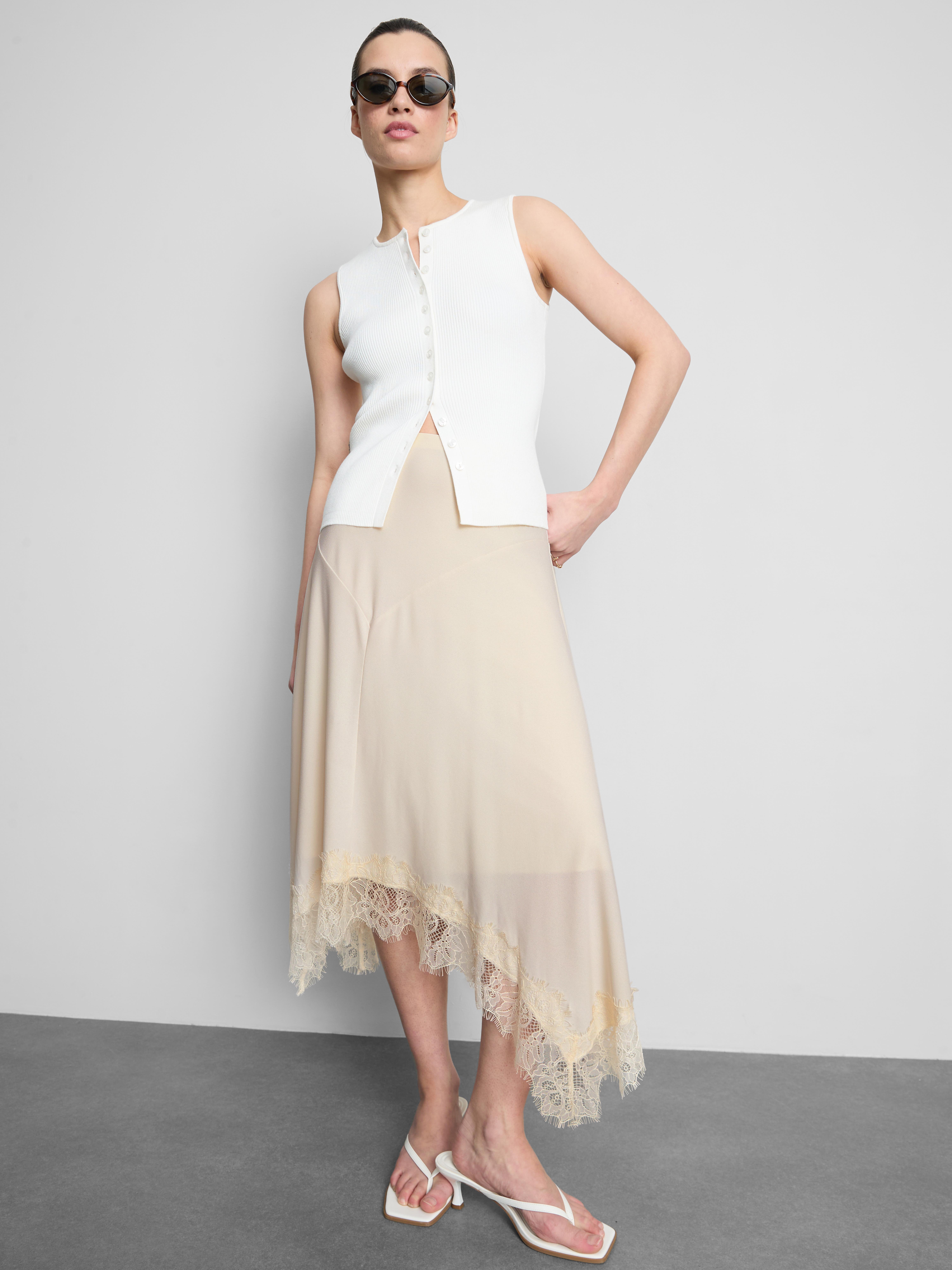 Satin Lace Trim Hanky Hem Midi Skirt