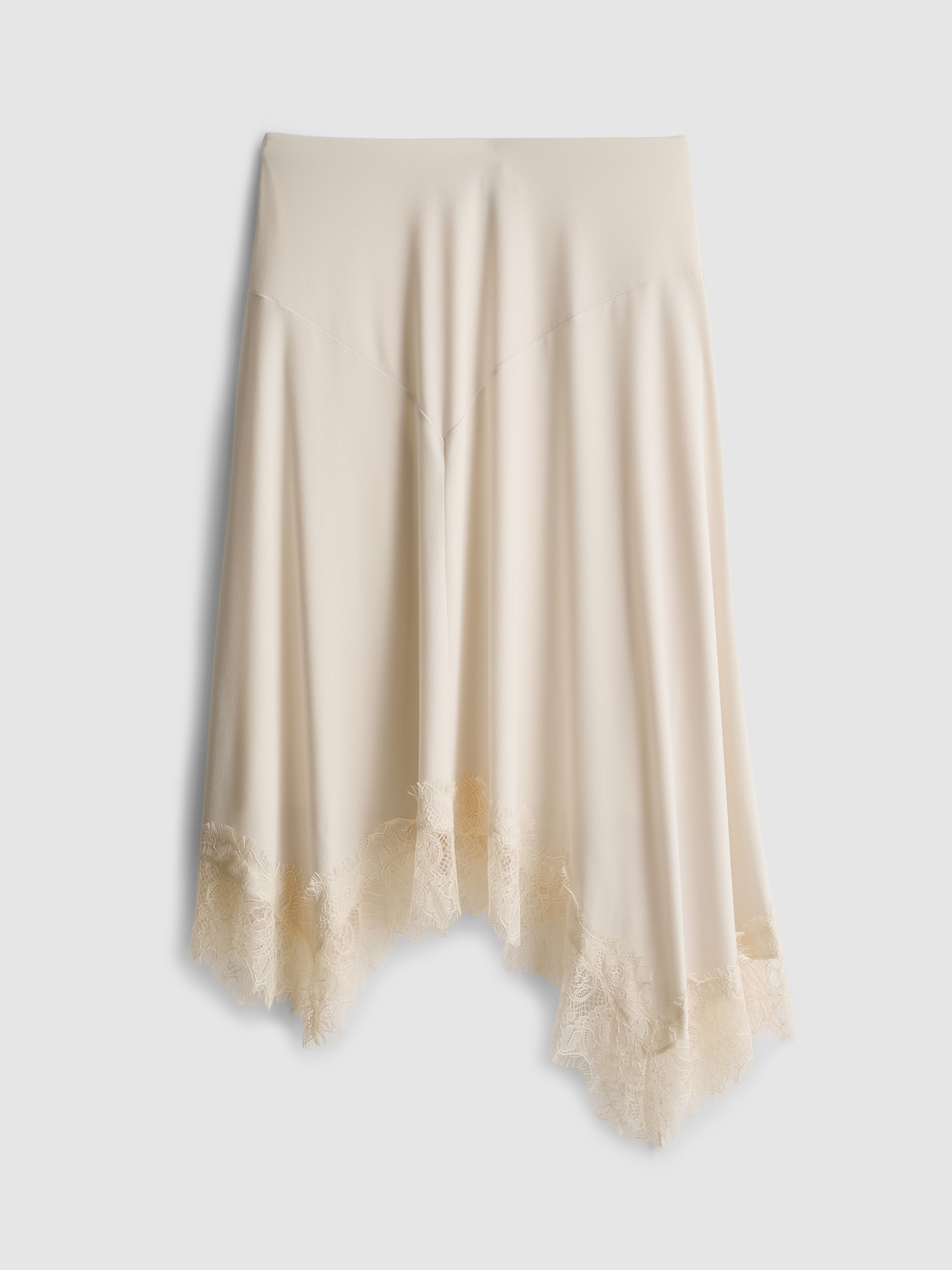 Satin Lace Trim Hanky Hem Midi Skirt