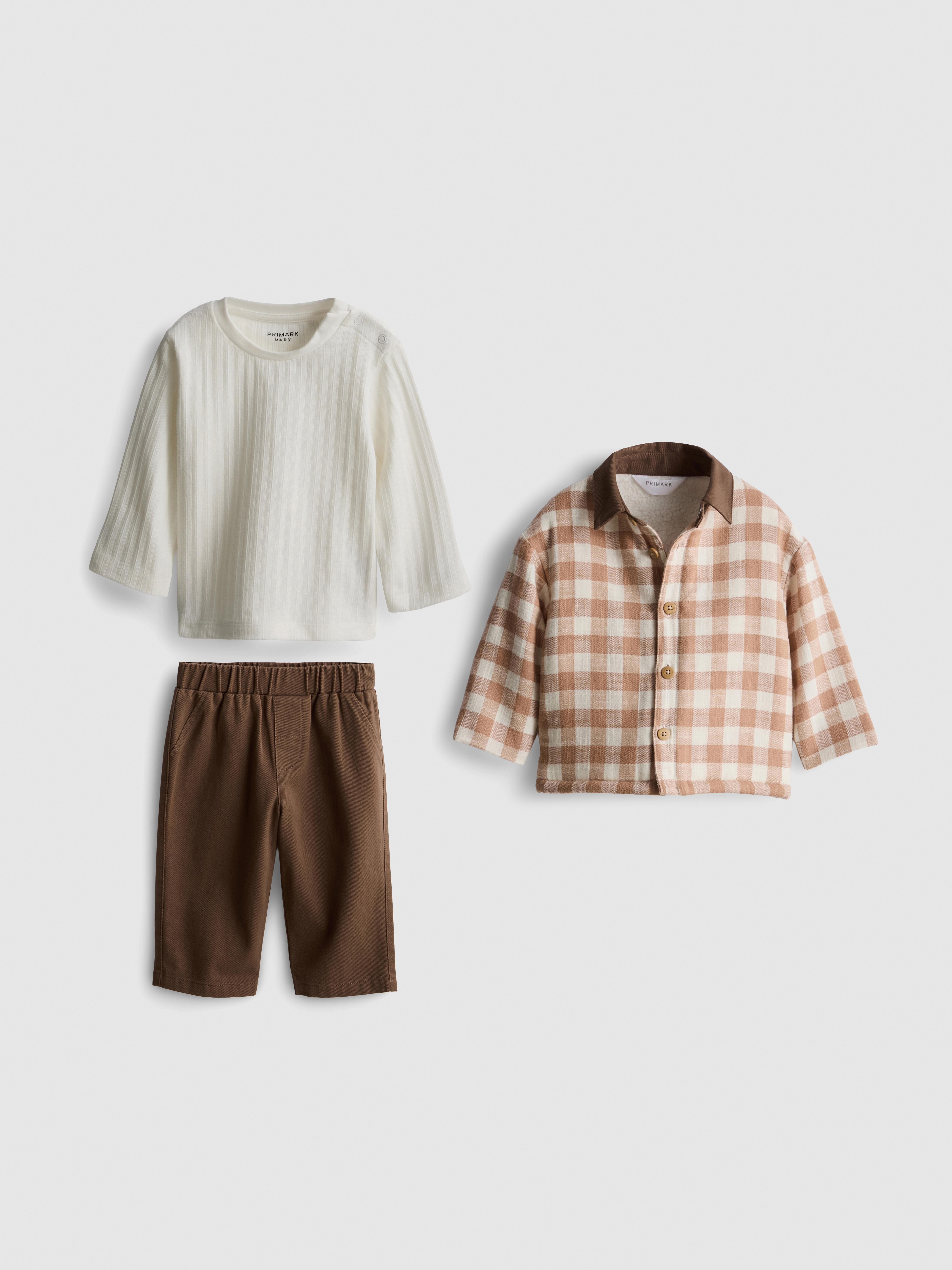 0-18mths | Long Sleeve T-Shirt, Pants and Check Jacket Set