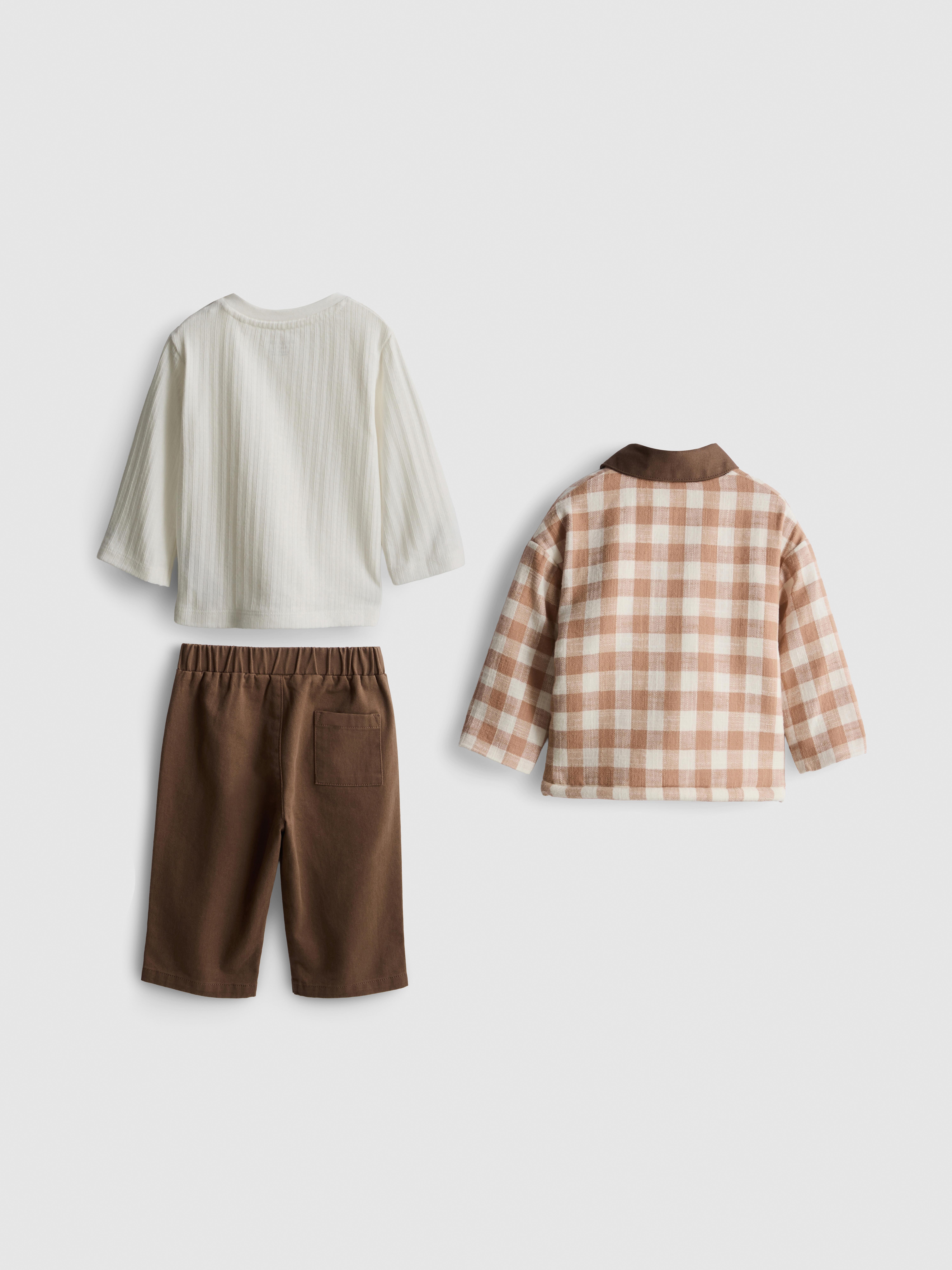 0-18mths | Long Sleeve T-Shirt, Pants and Check Jacket Set