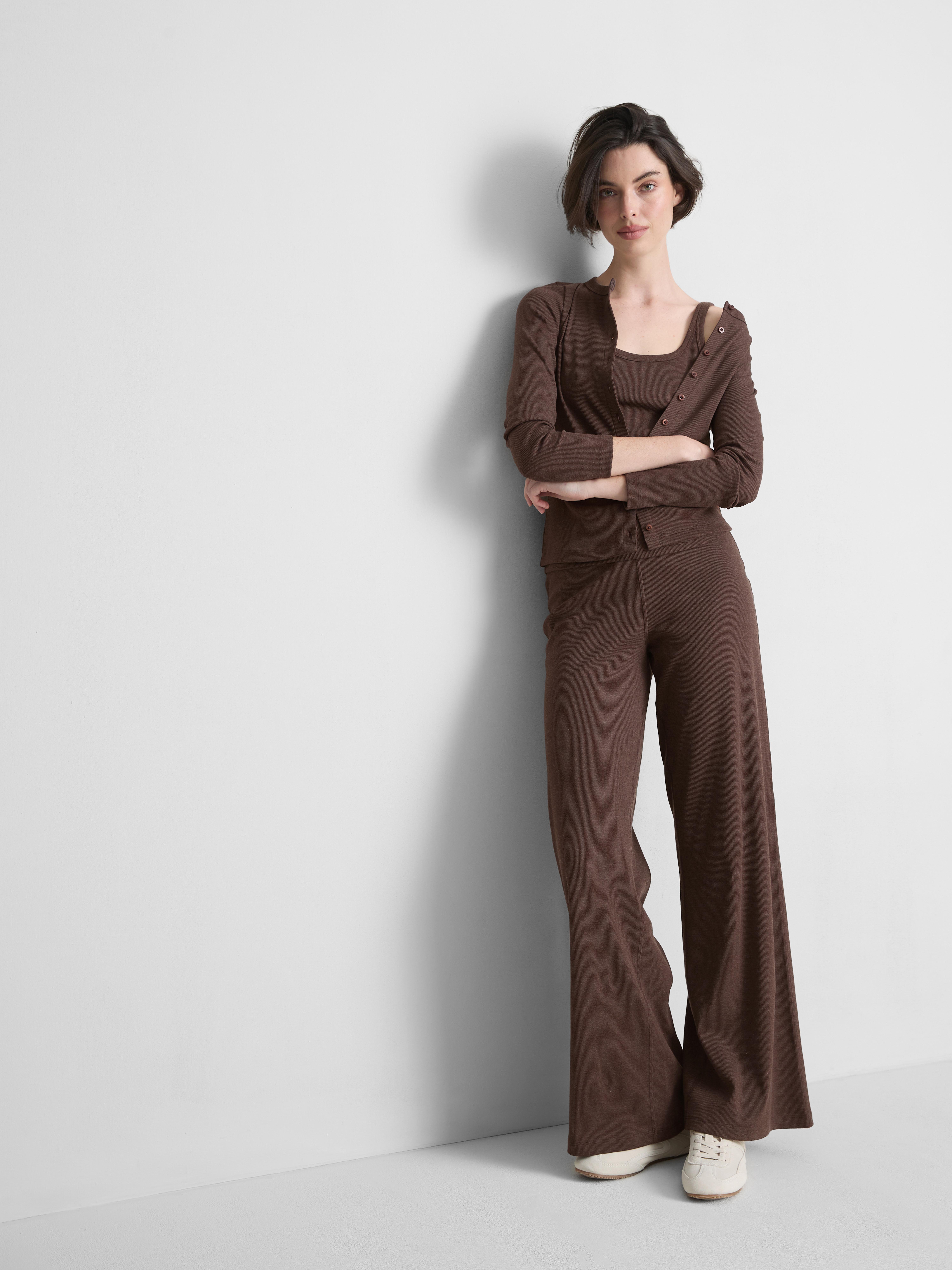 Ribbed Button-Front Long-Sleeve Top