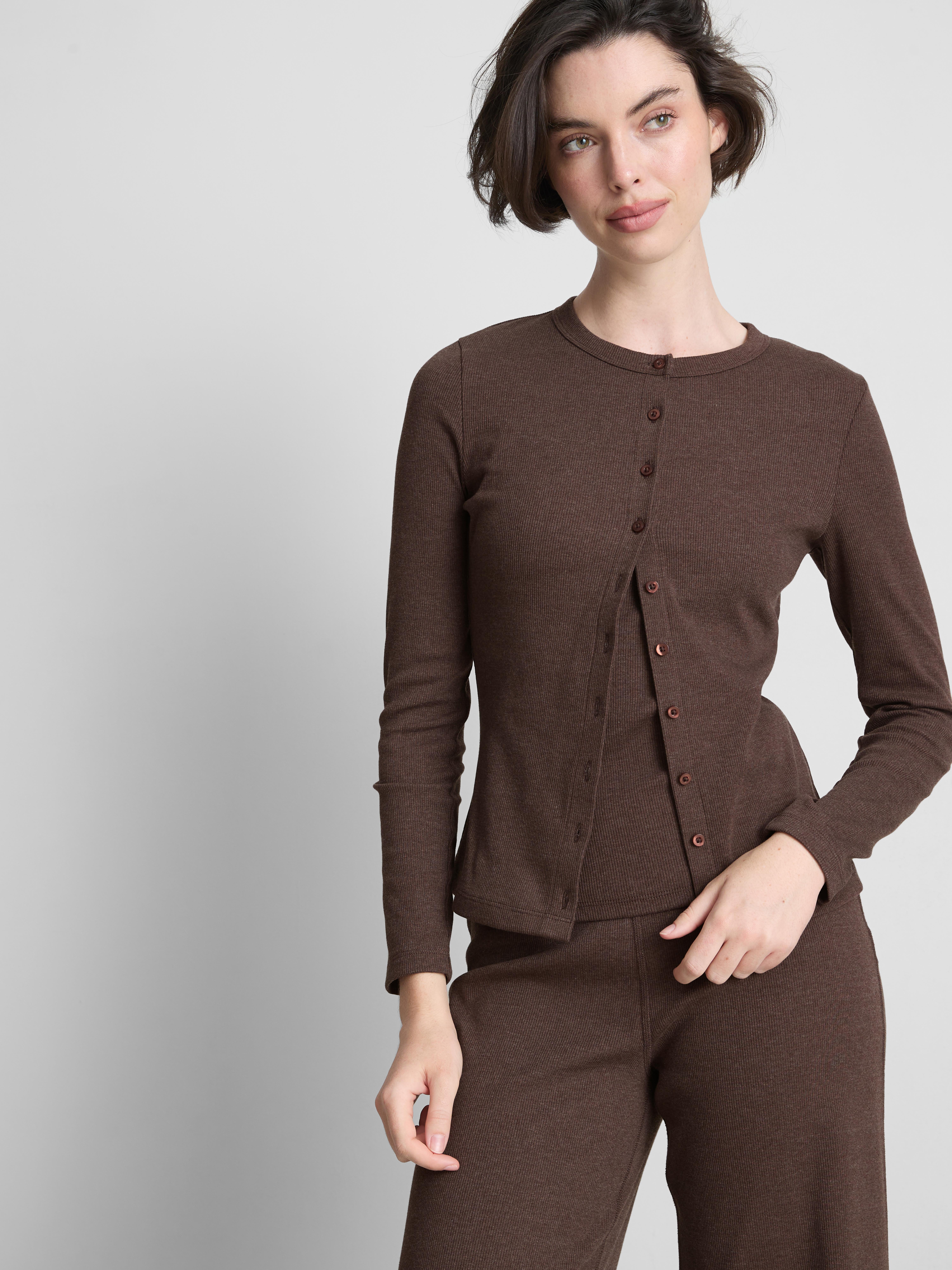 Ribbed Button-Front Long-Sleeve Top