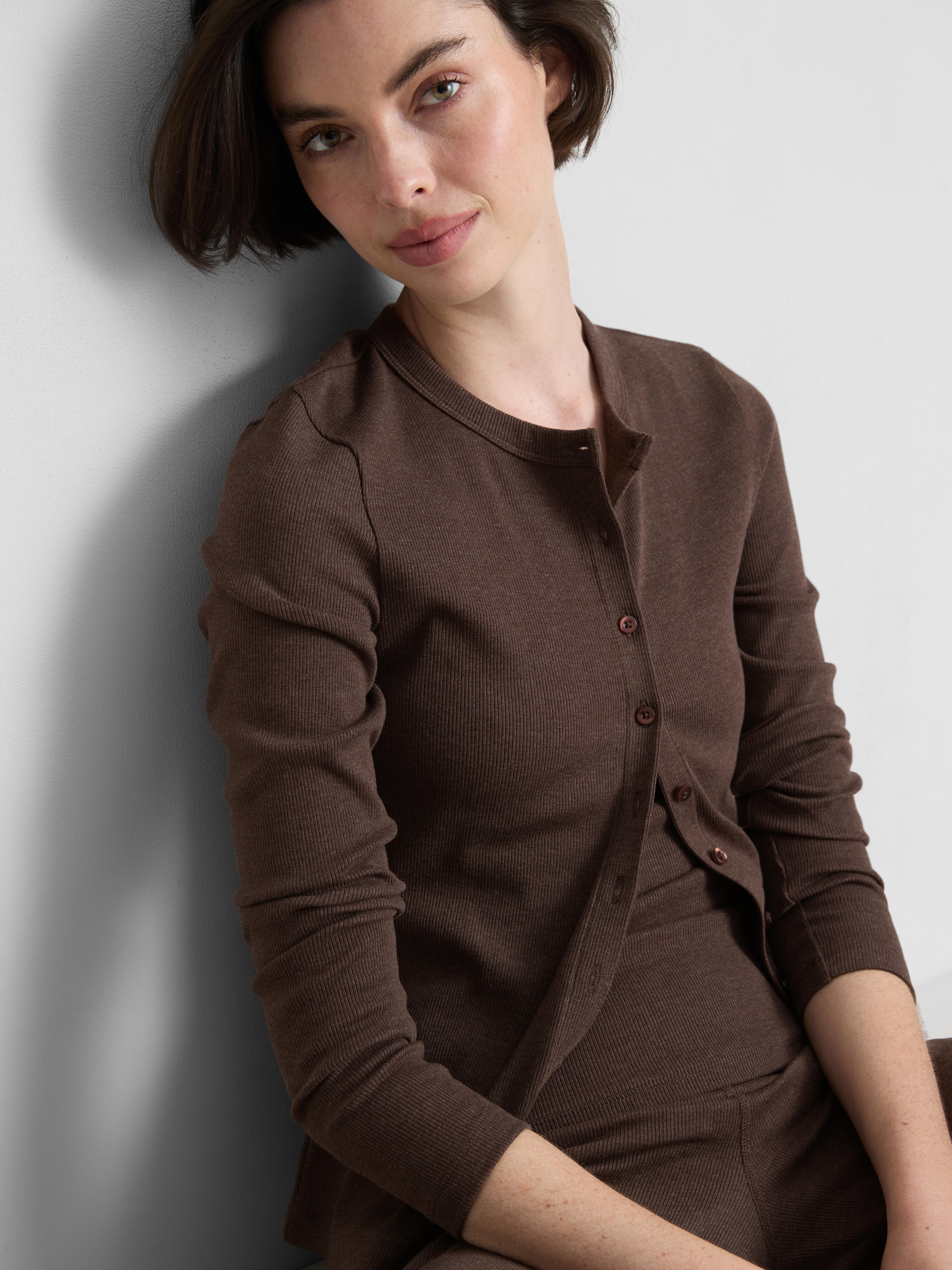 Ribbed Button-Front Long-Sleeve Top
