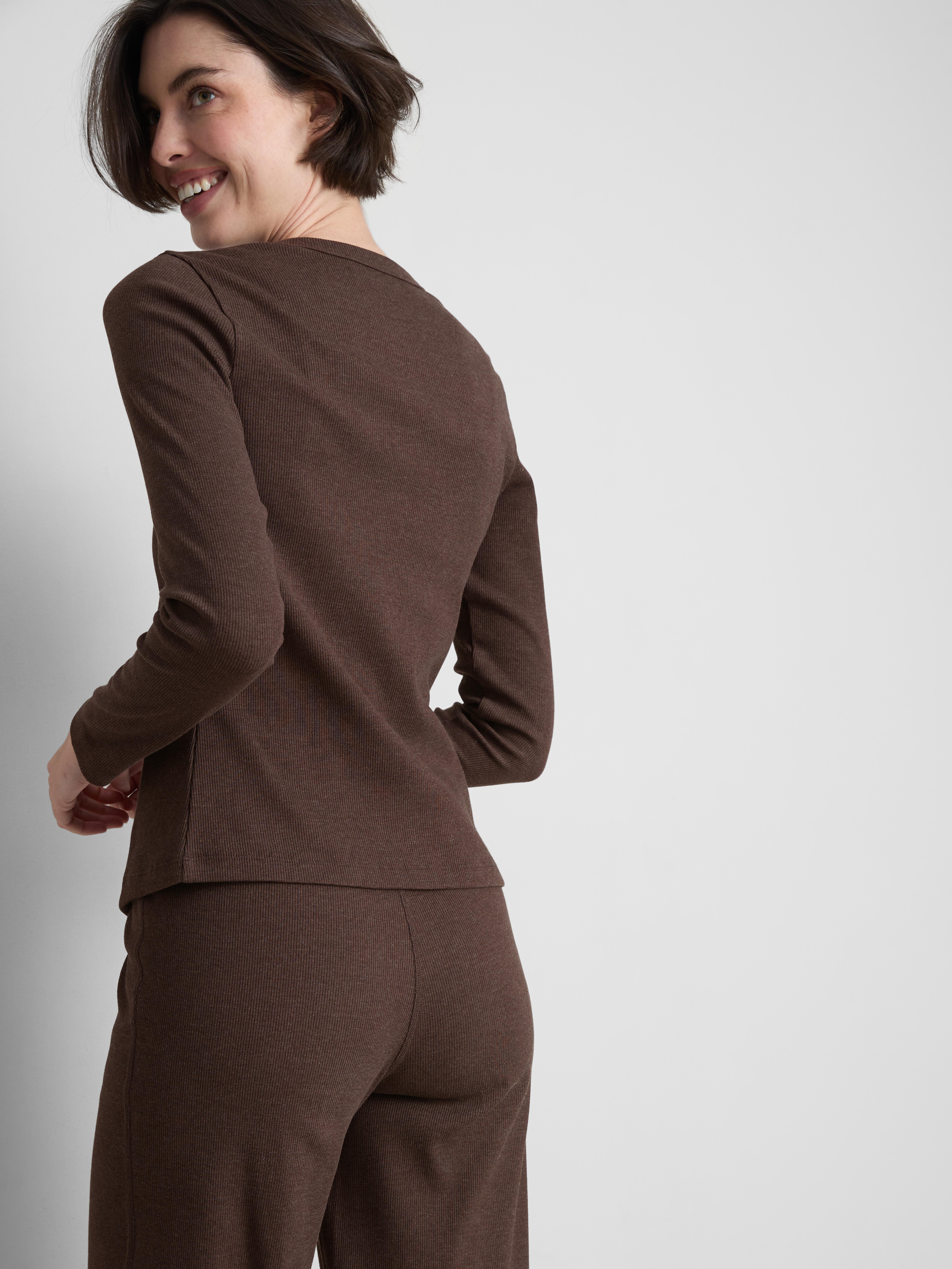 Ribbed Button-Front Long-Sleeve Top