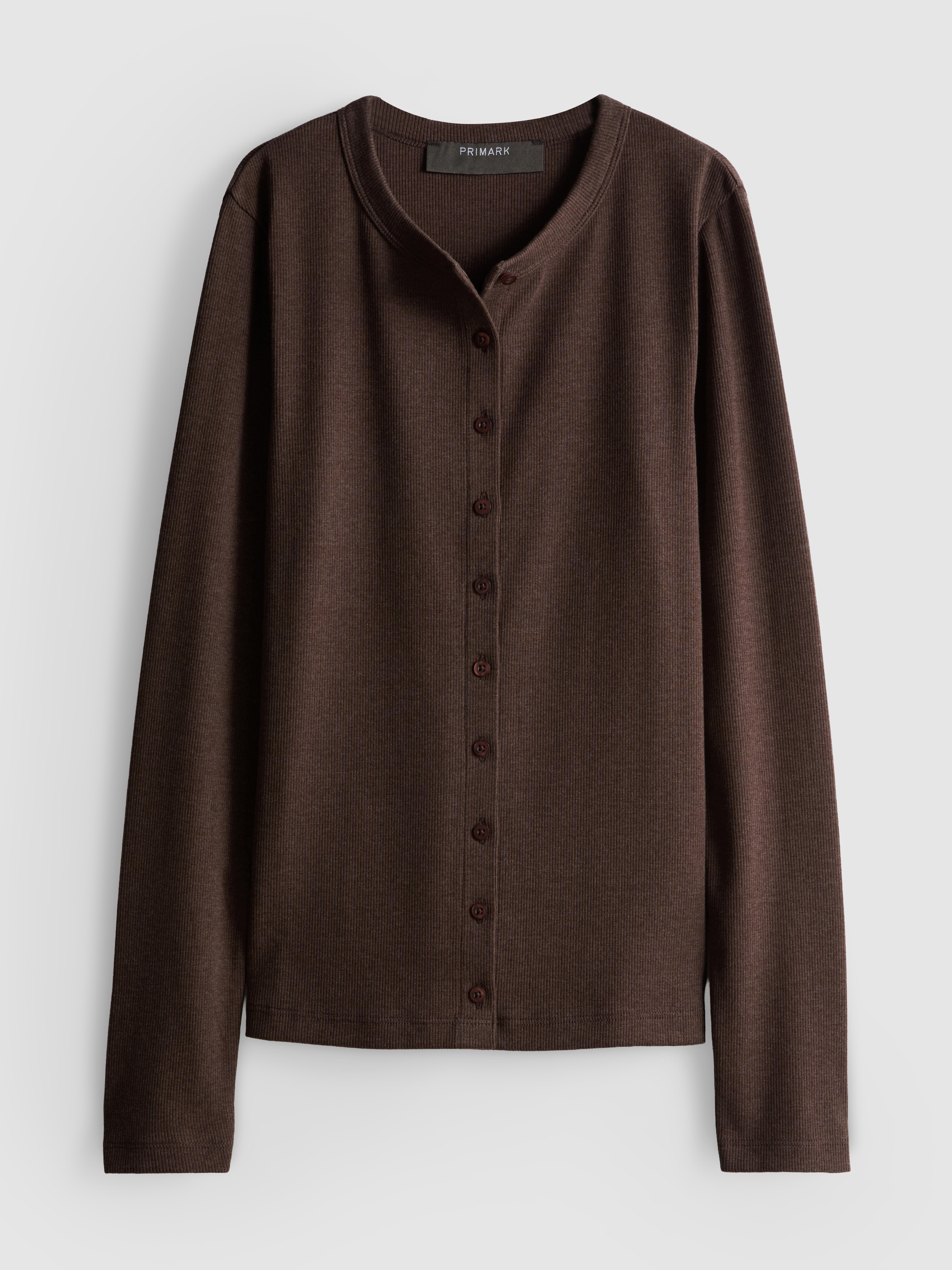 Ribbed Button-Front Long-Sleeve Top