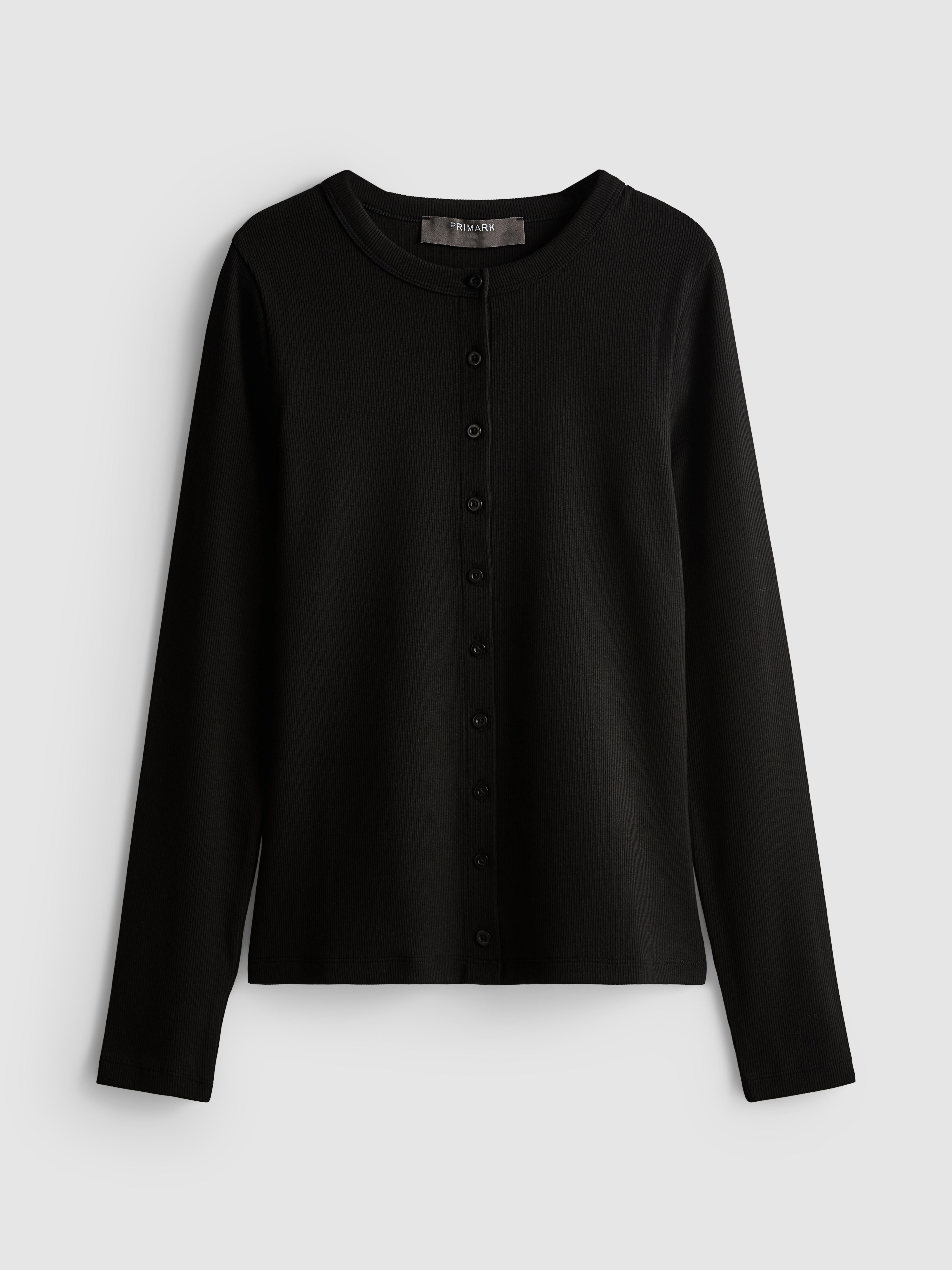 Ribbed Button-Front Long-Sleeve Top
